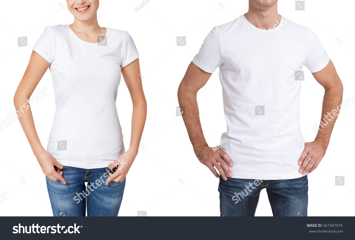 T-shirt design, people concept - closeup of young woman and man in blank white shirt, front isolated. Mock up template for design print. #561947974
