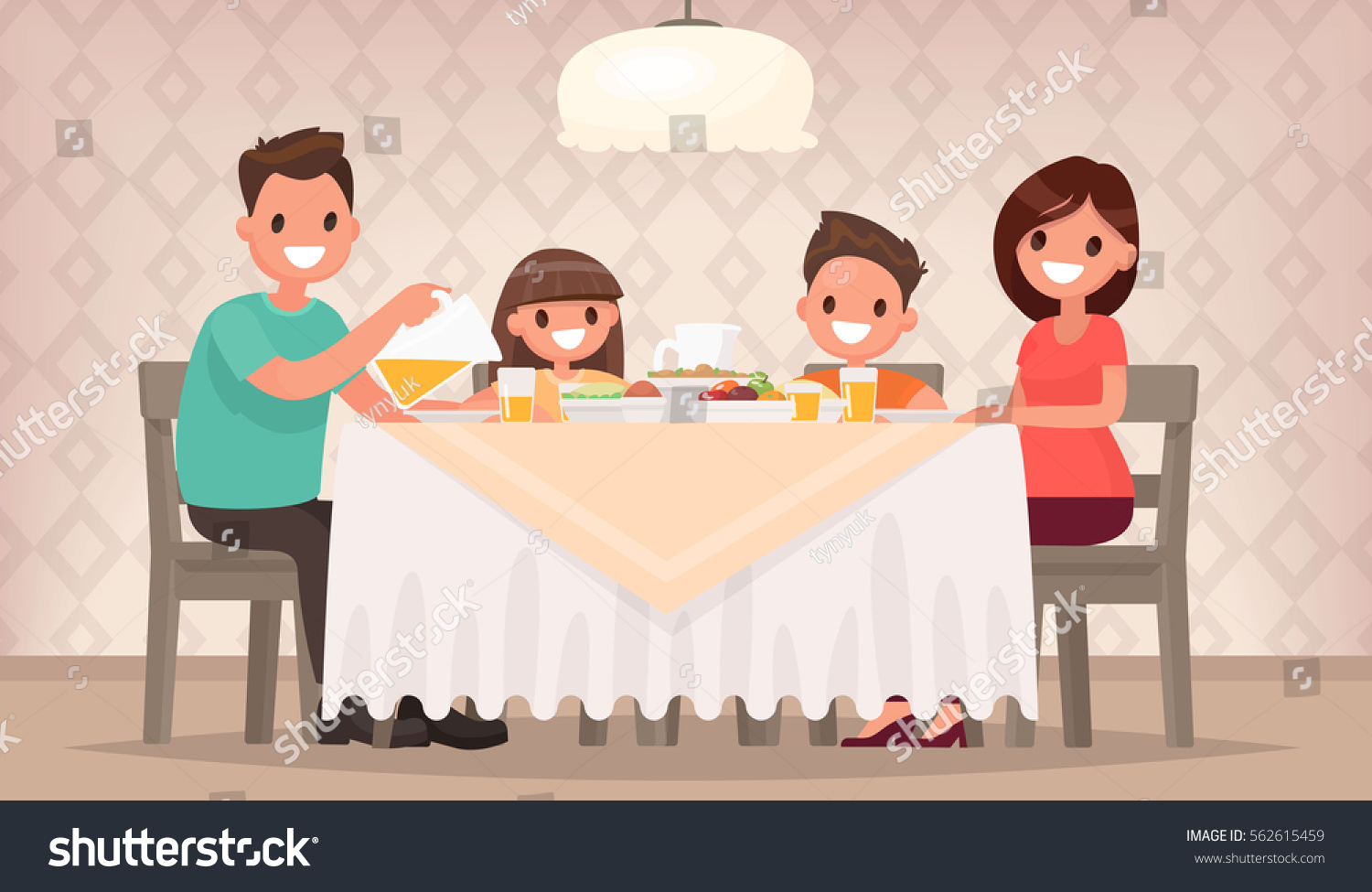 Family meal. Father mother, son and daughter together sit at the table and have lunch. Vector illustration in a flat style #562615459