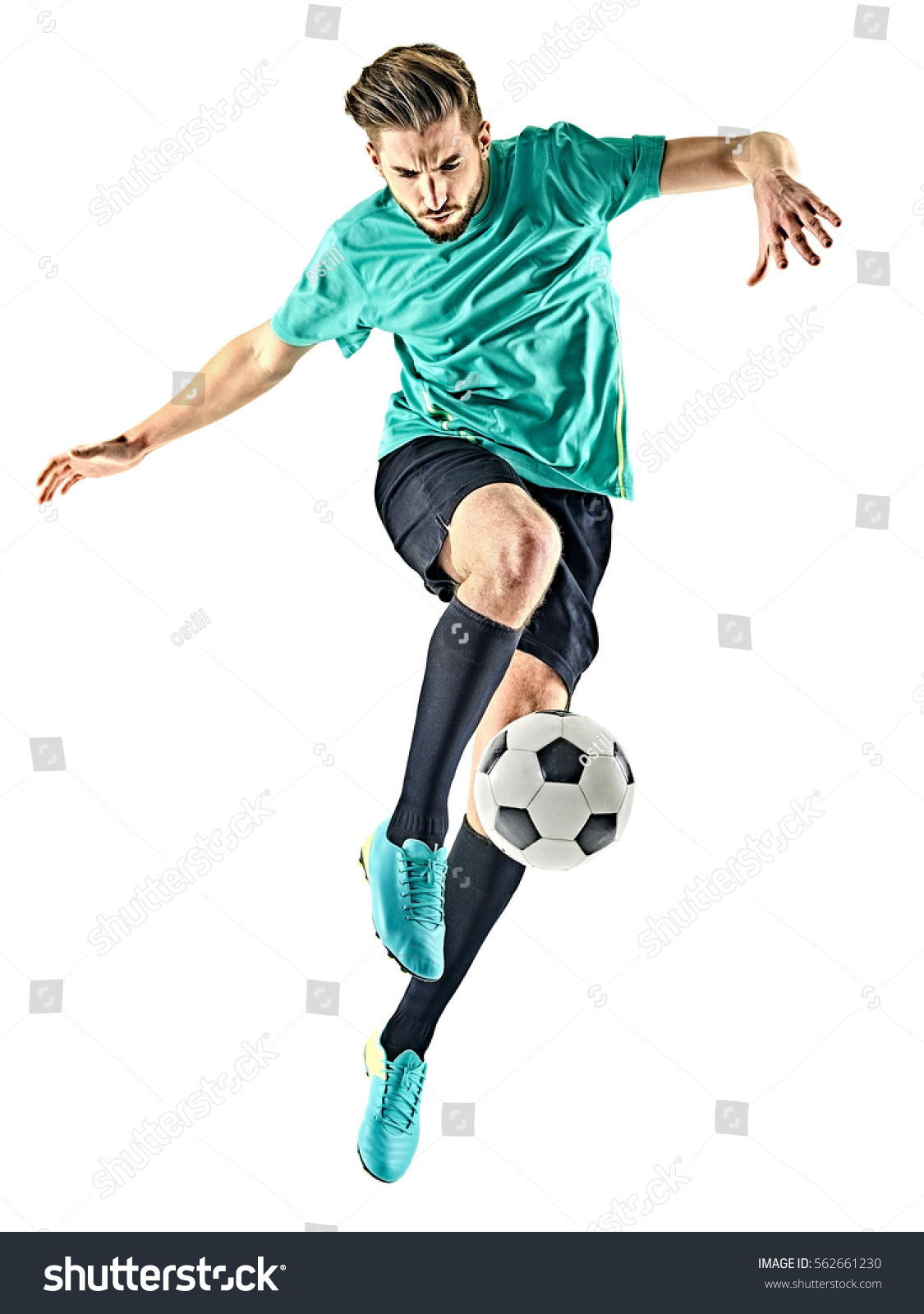one caucasian soccer player man isolated on white background #562661230
