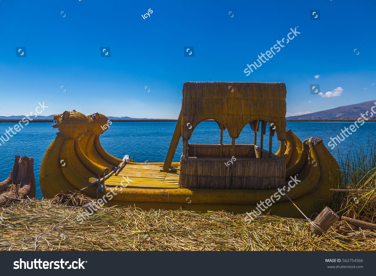 Peru, Titicaca lake, Uros Islands (cane islands). Local boat for the tourists made of cane. #562754566