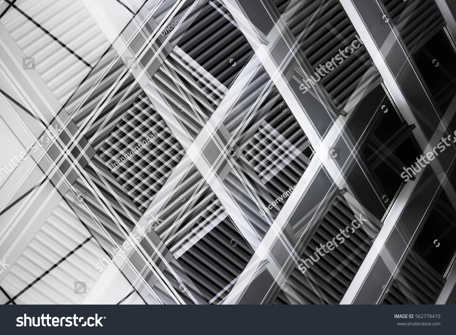 Overlay of grid structures. Grunge reworked photo of louvered windows. Abstract black and white image on the subject of industrial architecture and interior. #562778410