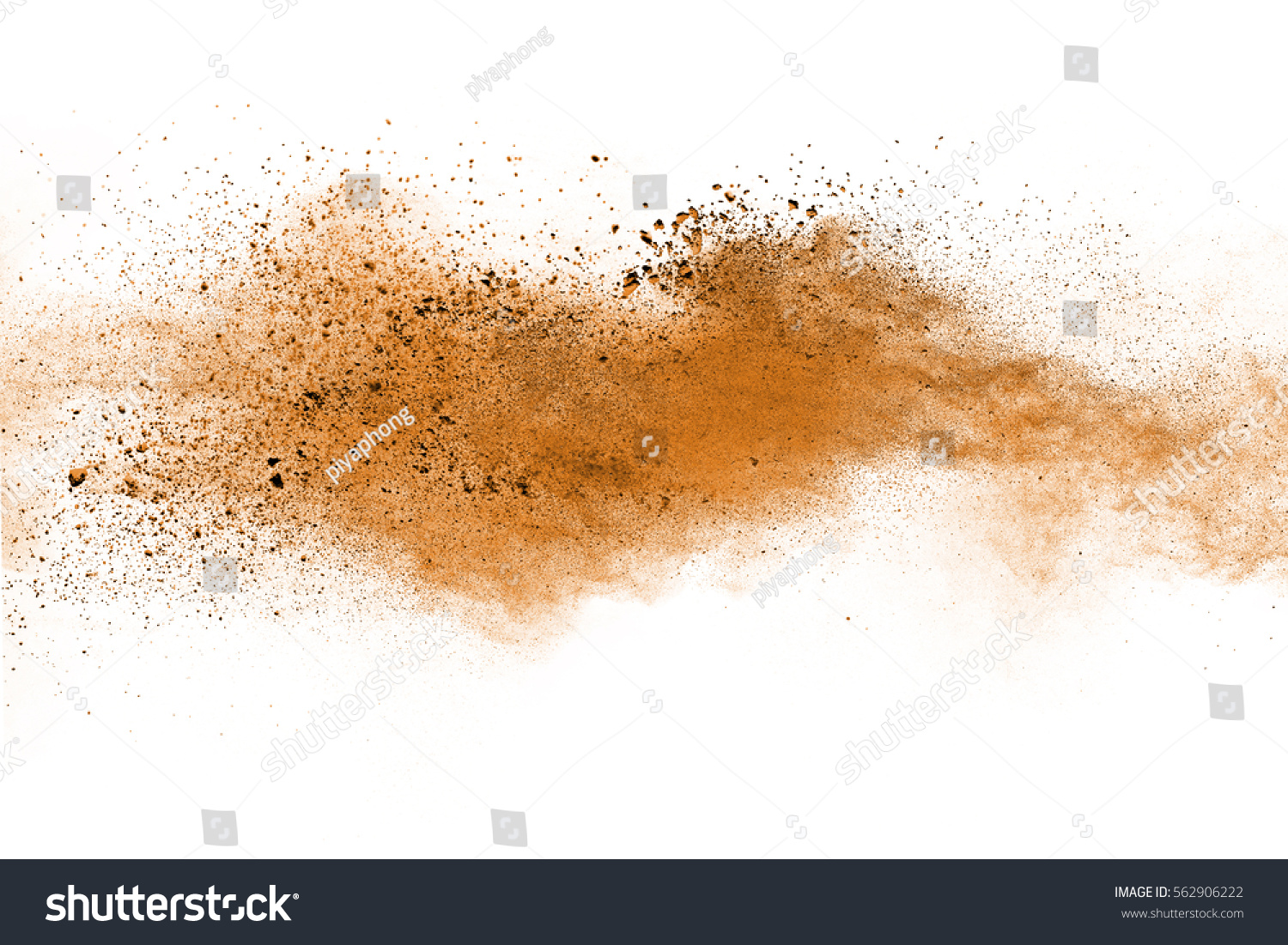 Freeze motion of brown color powder exploding on white background. #562906222