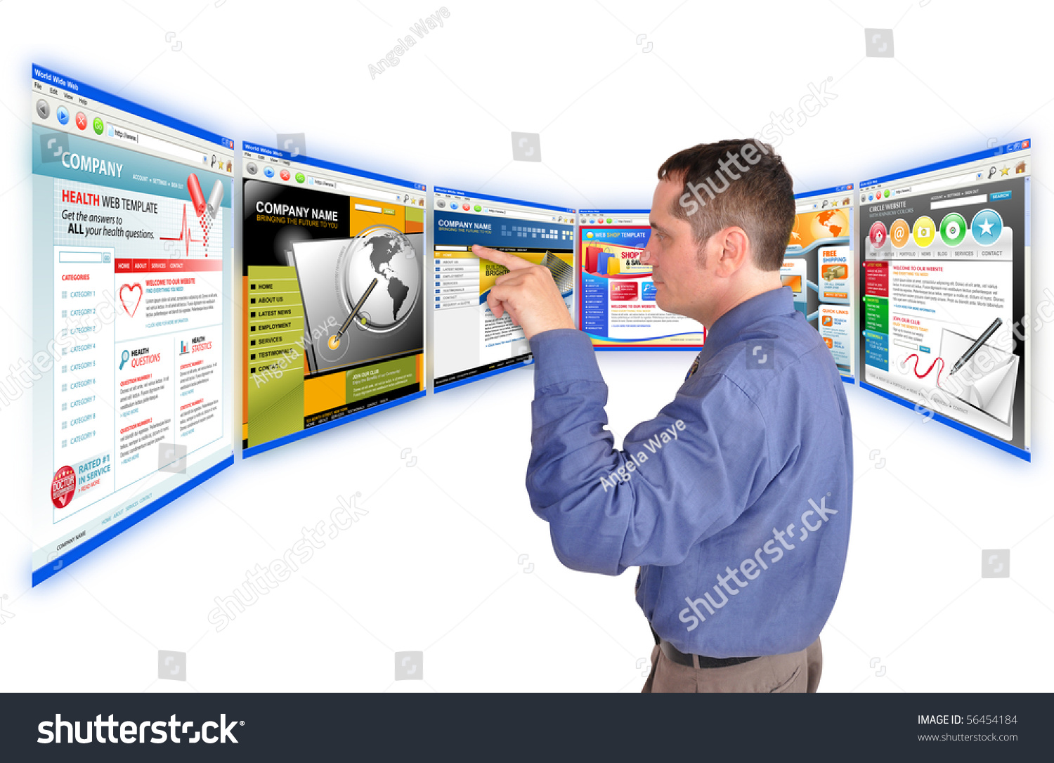 A business man is searching and pointing at an internet website and there are many web choices. He is on a white background. Use it for a communication, commerce or a research concept. #56454184