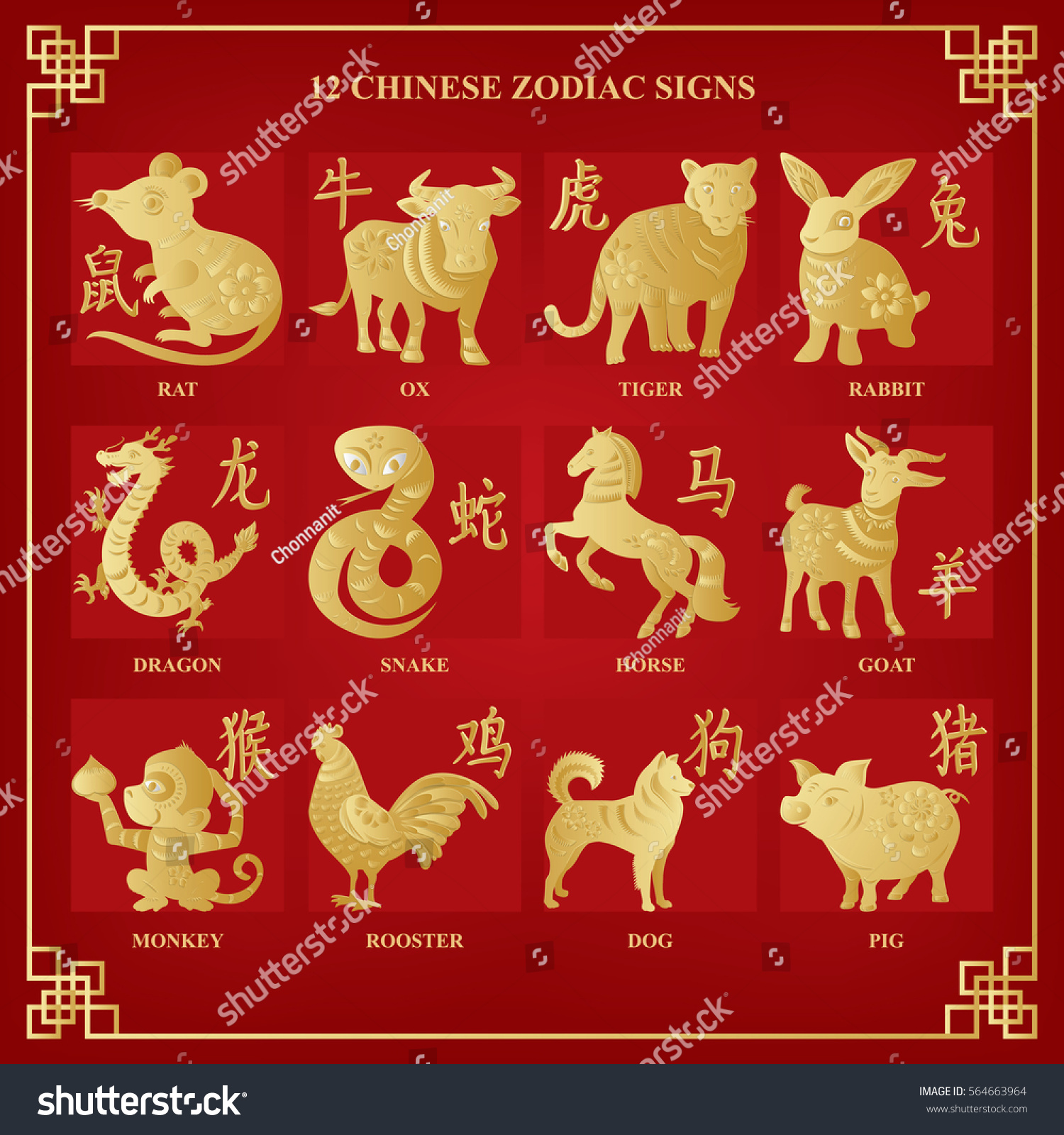 Chinese zodiac signs with twelve animals and - Royalty Free Stock ...