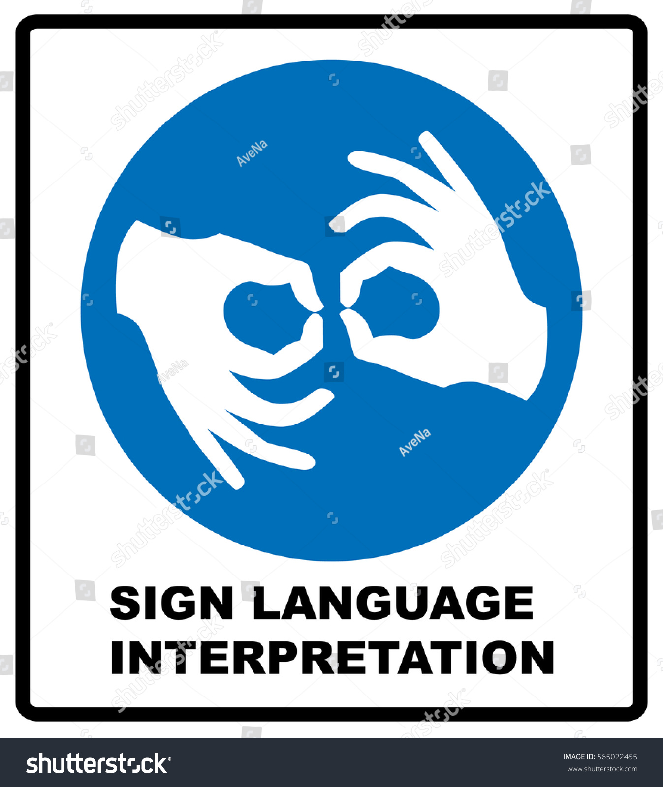Sign Language Interpreting banner. Mandatory label. Blue circle isolated on white. Simple flat style. Vector illustration #565022455