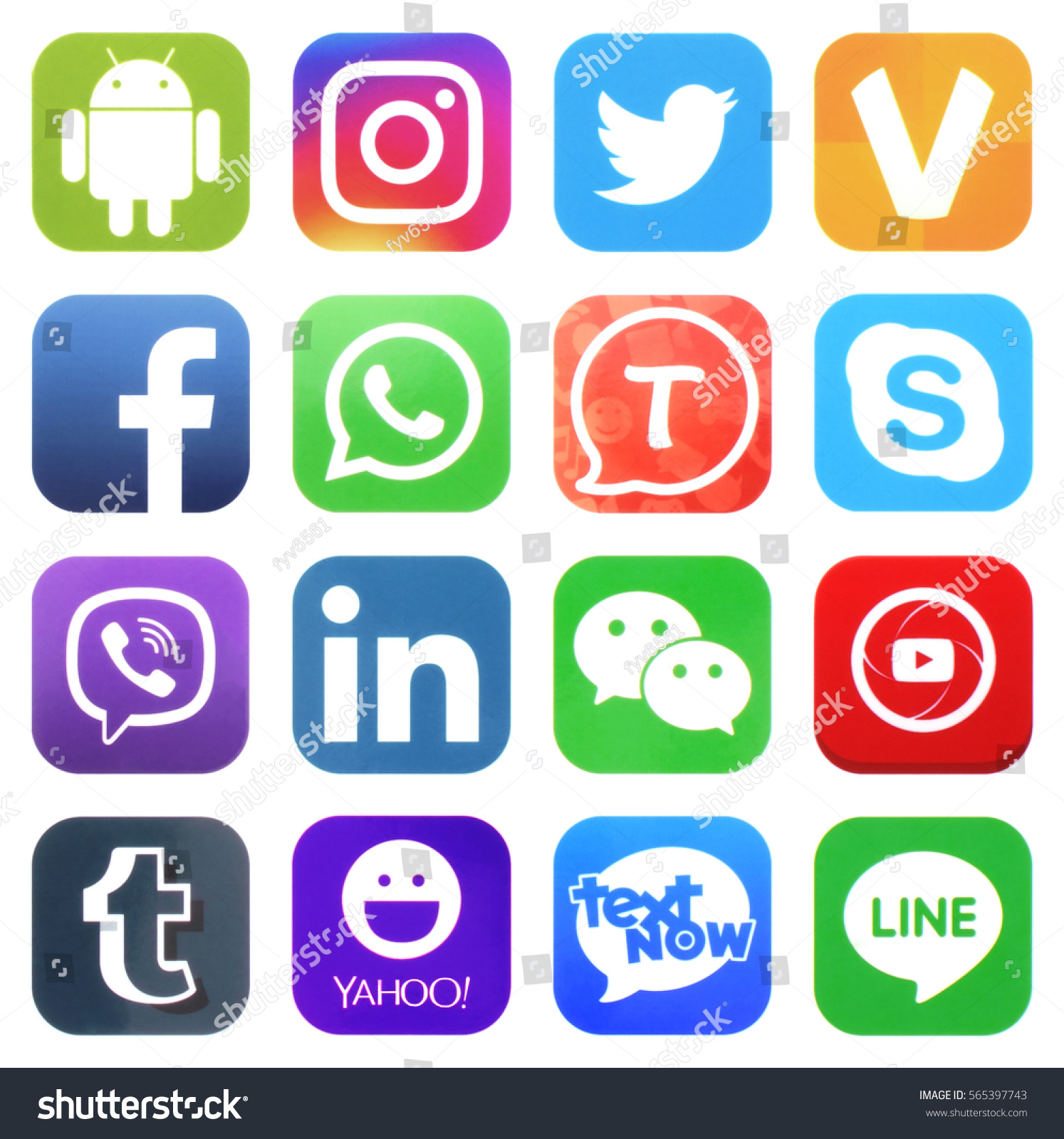KIEV, UKRAINE - JANUARY 27, 2017: Collection of popular social media logos printed on paper: Facebook, Twitter, LinkedIn, Instagram, Tango, WhatsApp, Youtube, Line and other #565397743