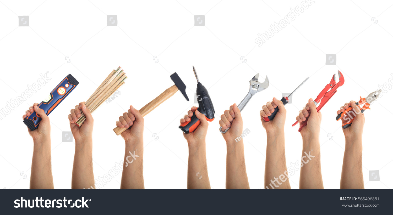 Hands holding hand tools isolated on white background #565496881