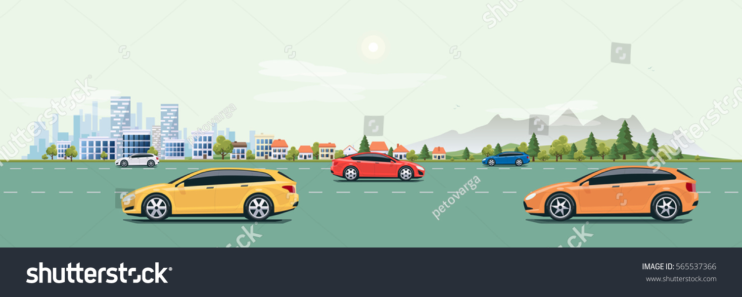Flat vector cartoon style illustration of urban landscape street with cars, skyline city office buildings, family houses in small town and mountain with green trees in background. Cars on the road.  #565537366