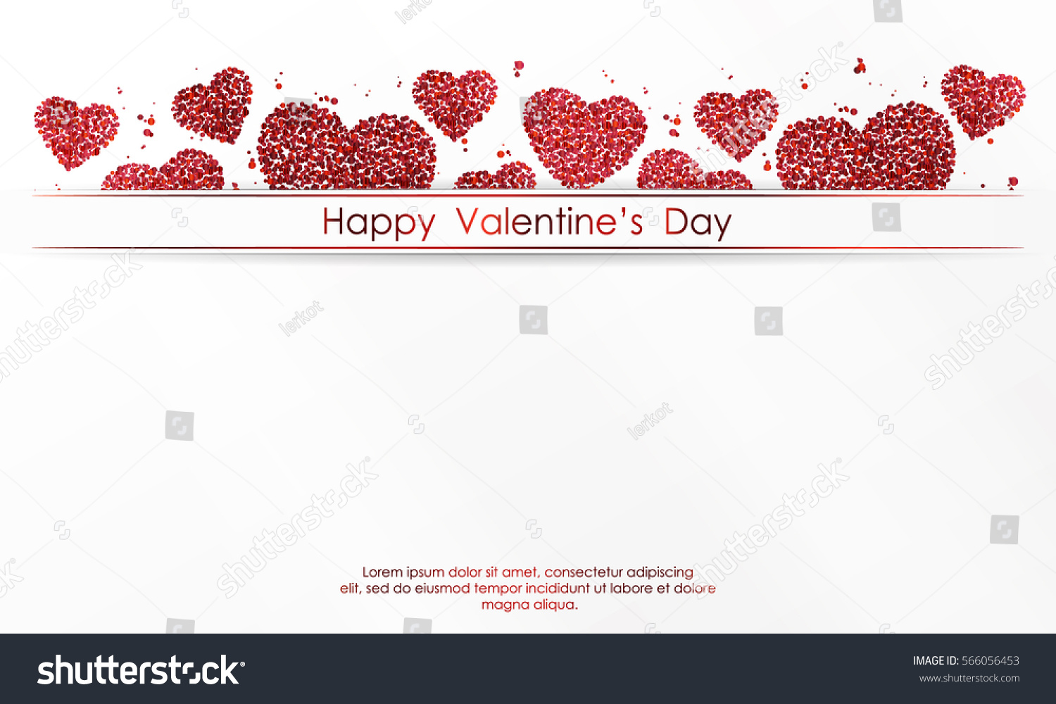 Poster with hearts of red confetti, sparkles, glitter and lettering Happy Valentines Day on white background. Wallpaper for Valentines Day. Vector illustration. #566056453