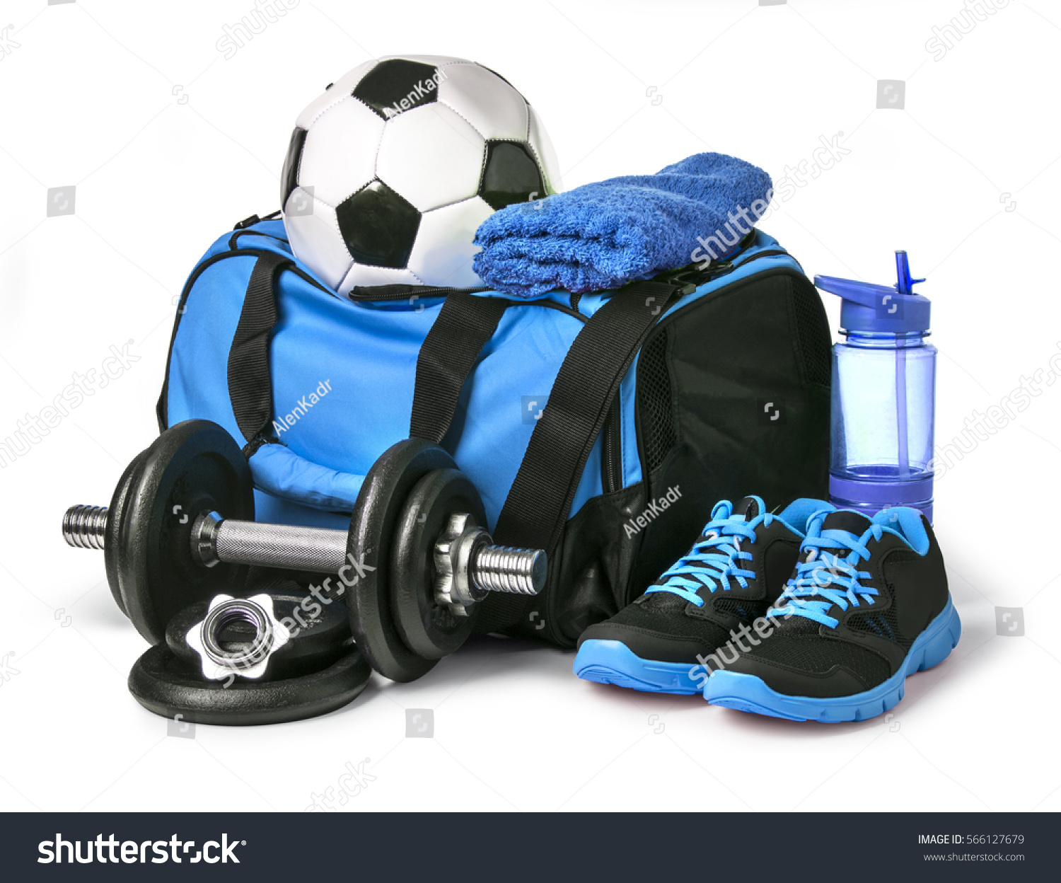 Sports bag with sports equipment isolated on white with clipping path #566127679