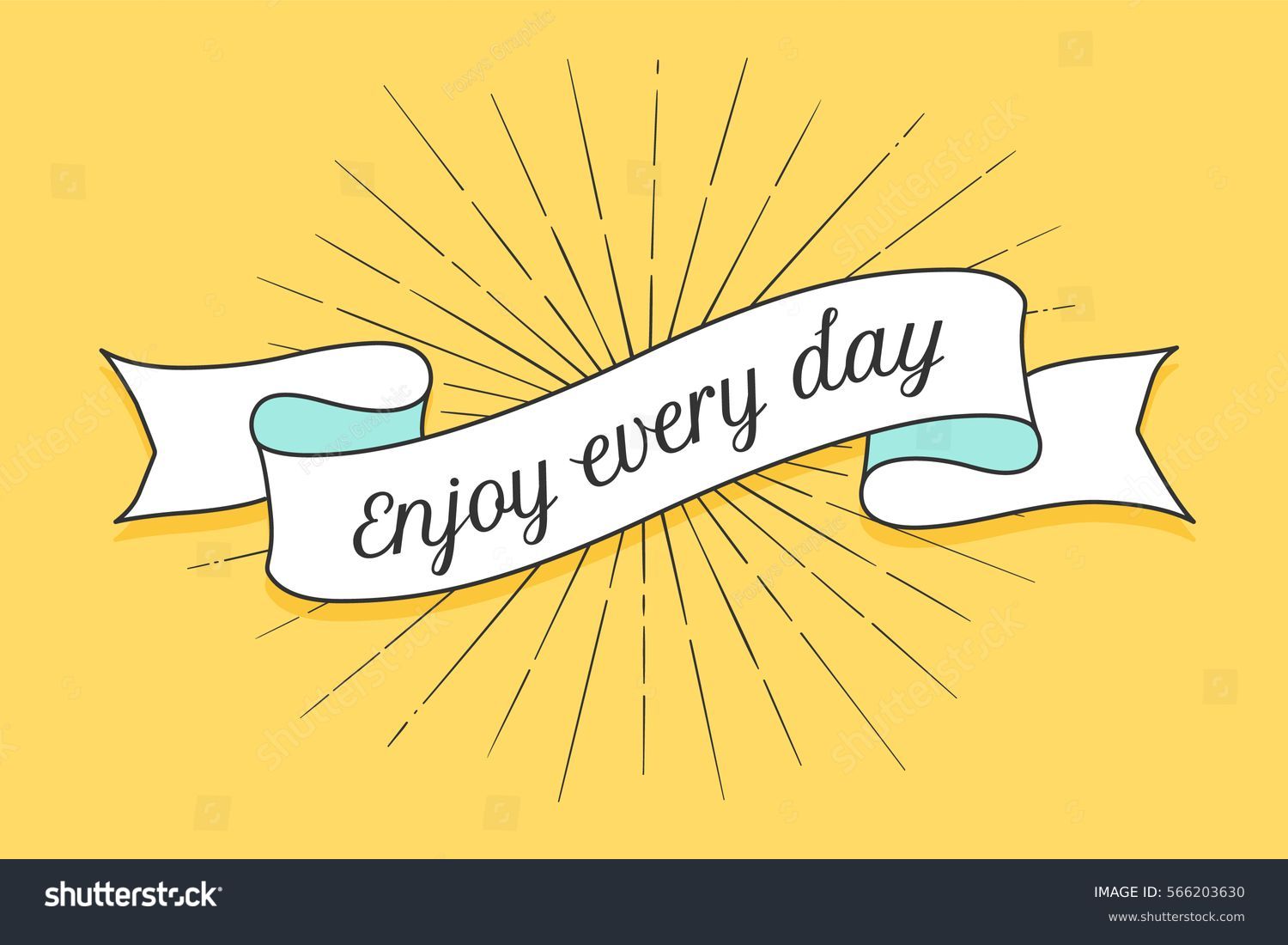 Ribbon with text Enjoy every day. Colorful vintage banner with ribbon and light rays, sunburst. Hand-drawn element for design - banners, posters, gift cards, advertising and web. Vector Illustration #566203630