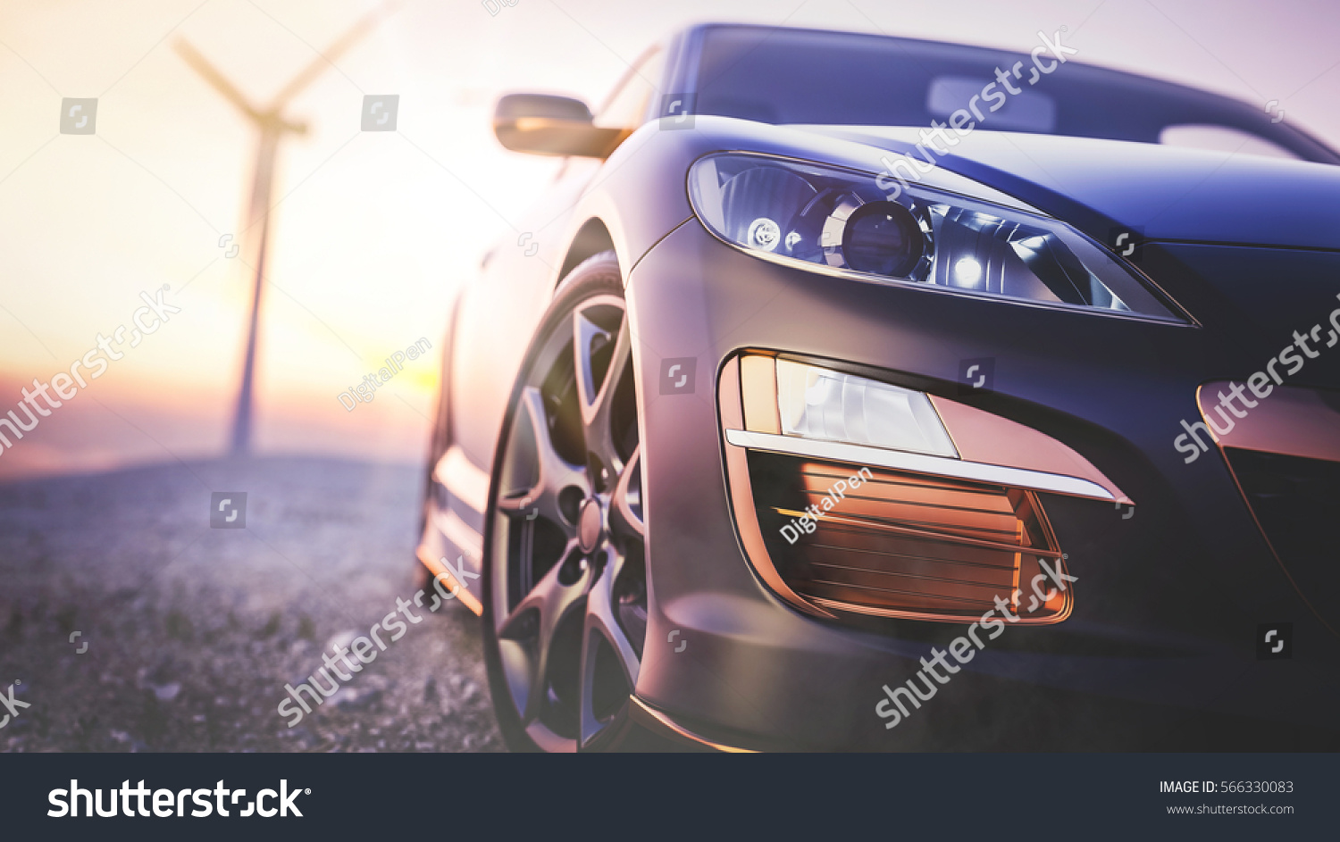 The image in front of the sports car scene behind as the sun going down with wind turbines in the back. #566330083