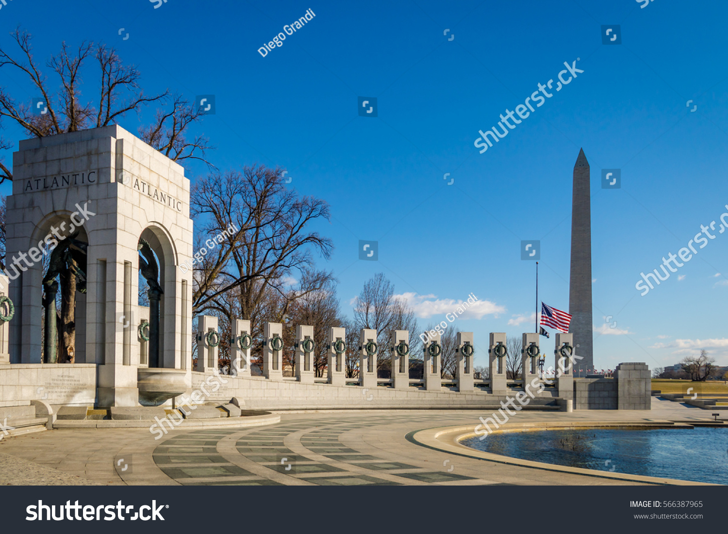 World War II Memorial and Washington Monument - Washington, D.C., USA #566387965