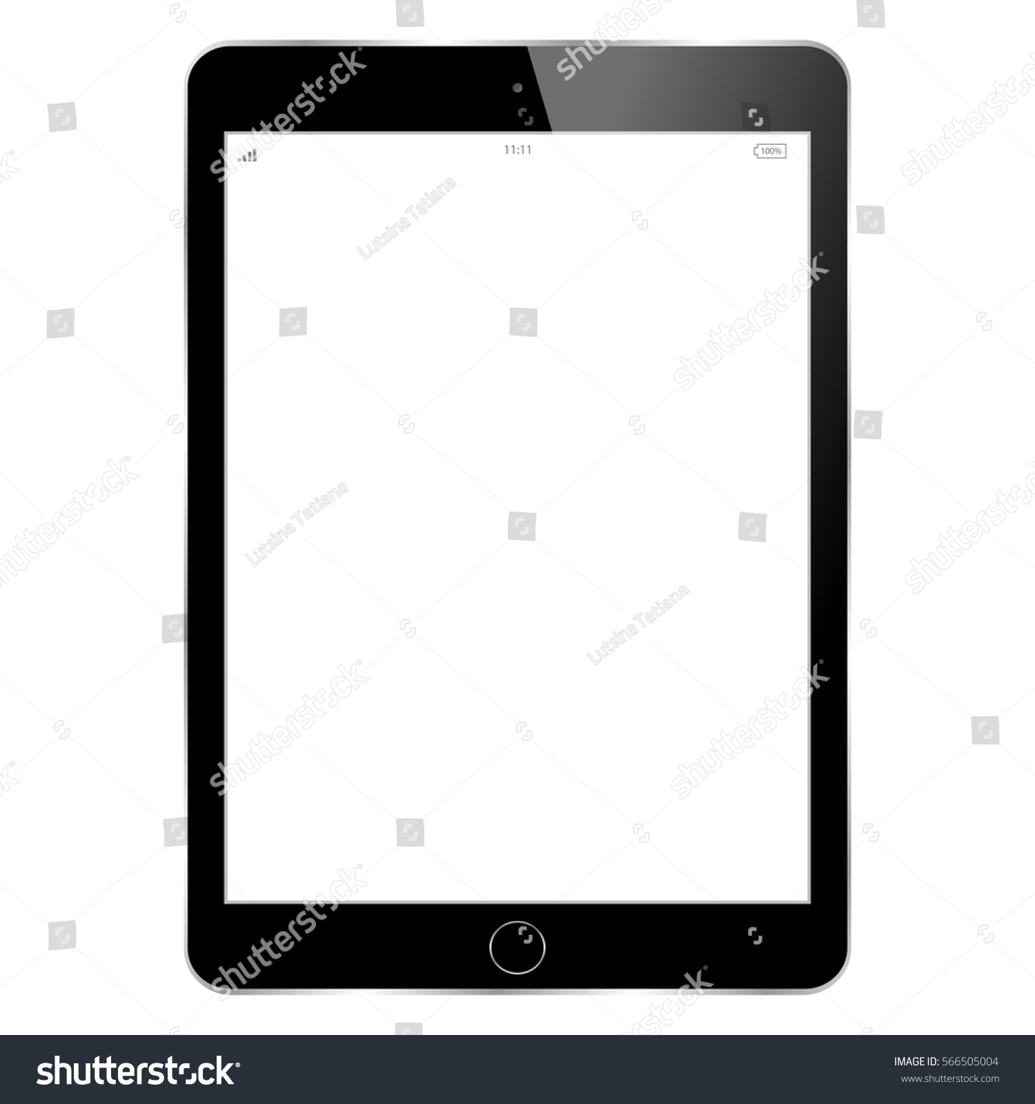 Realistic tablet pc computer with blank screen isolated on white background. Tablet in modern style black color with blank touch screen isolated on white background.  #566505004