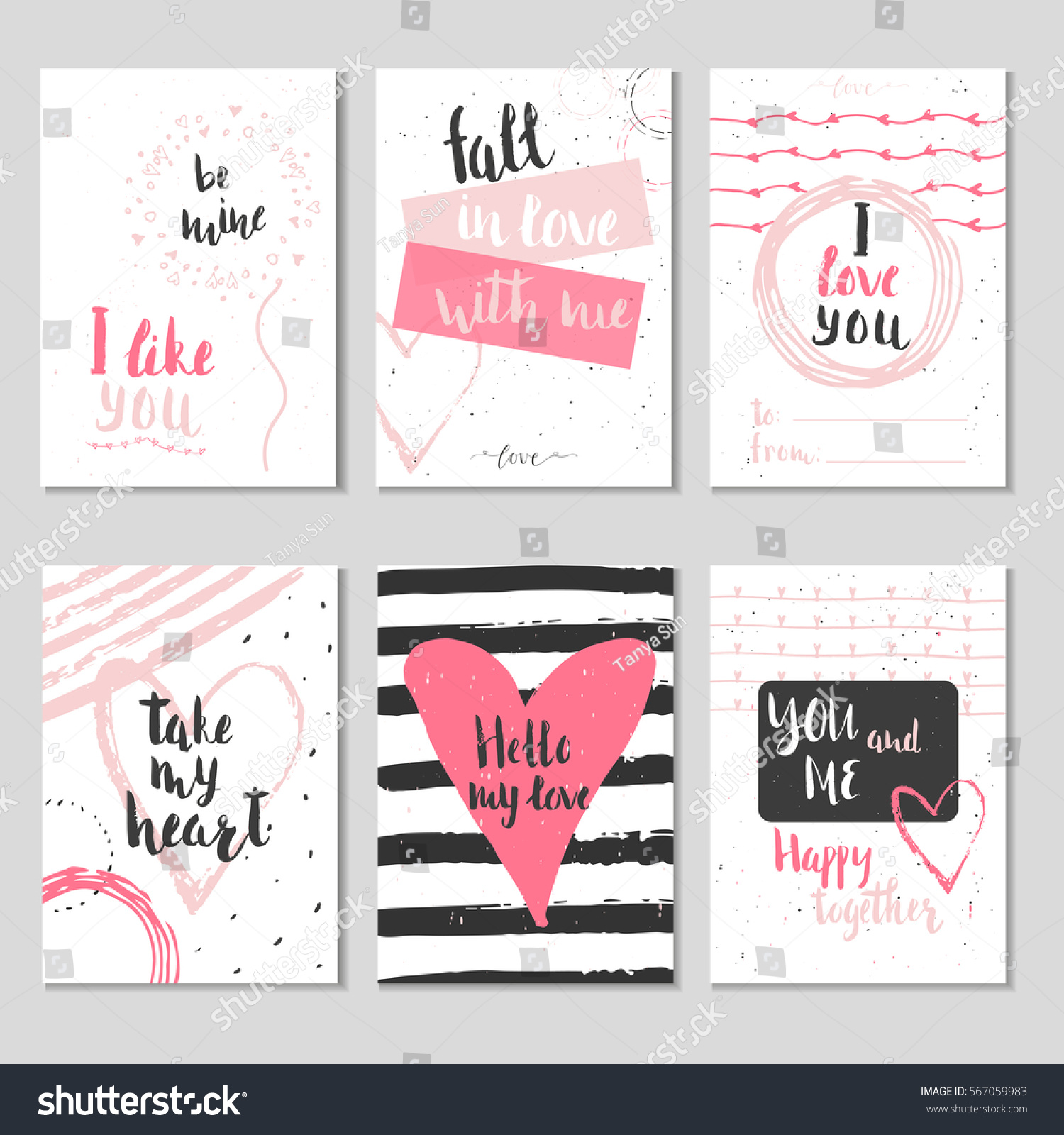 Set of 6 Valentines day gift cards with heart and lettering. Calligraphy, hand drawn design elements for print, poster, invitation. #567059983
