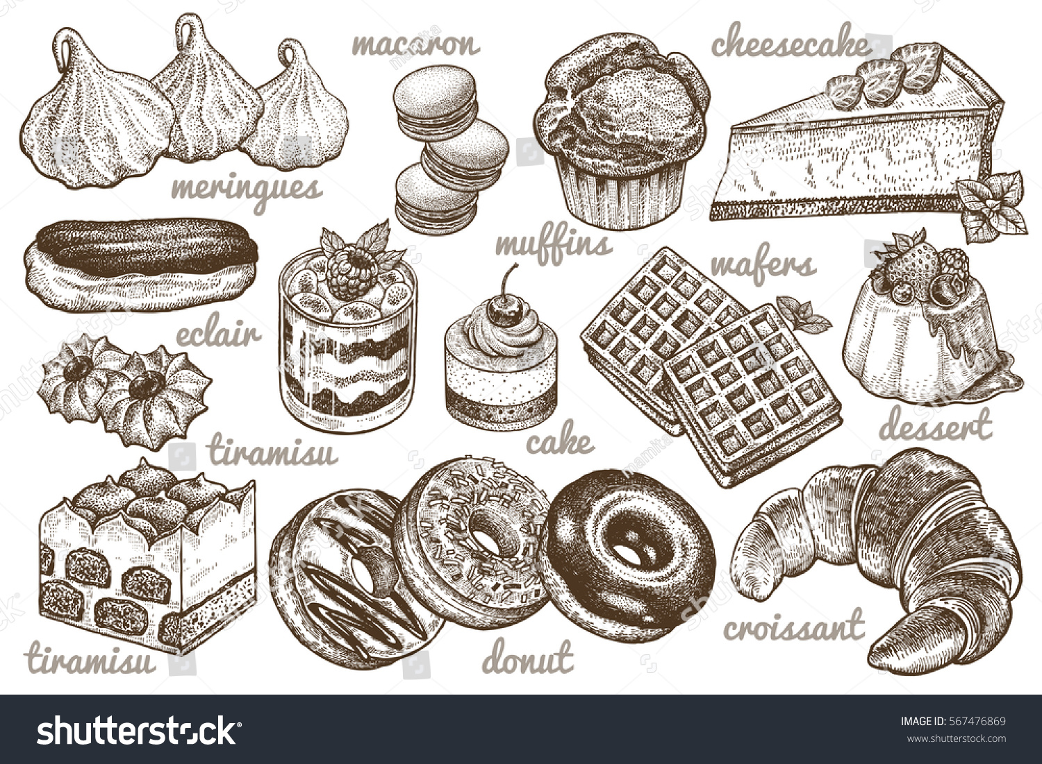 Desserts set. Vector illustration. Cakes, biscuits, baking, cookies, pastries, eclair, muffin, cheese cake, waffles, donuts, croissant, meringue hand drawing on white  background. Food vintage style.
