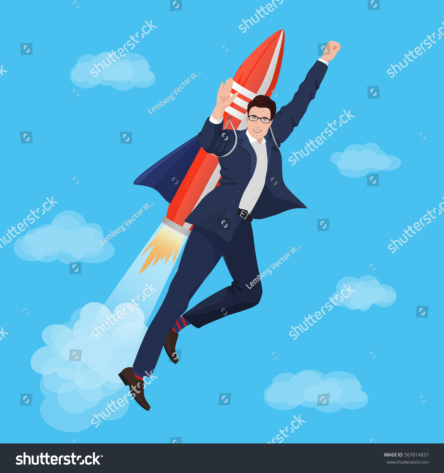 Happy Businessman flying with rocket backpack. - Royalty Free Stock ...