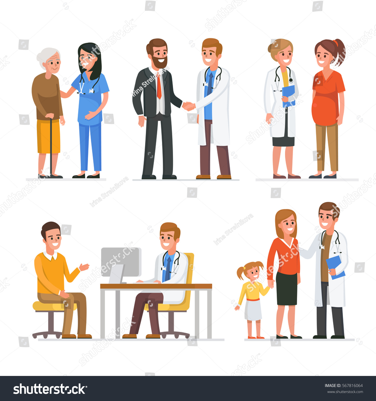 Different medical staff with their patients. Vector medicine illustration #567816064