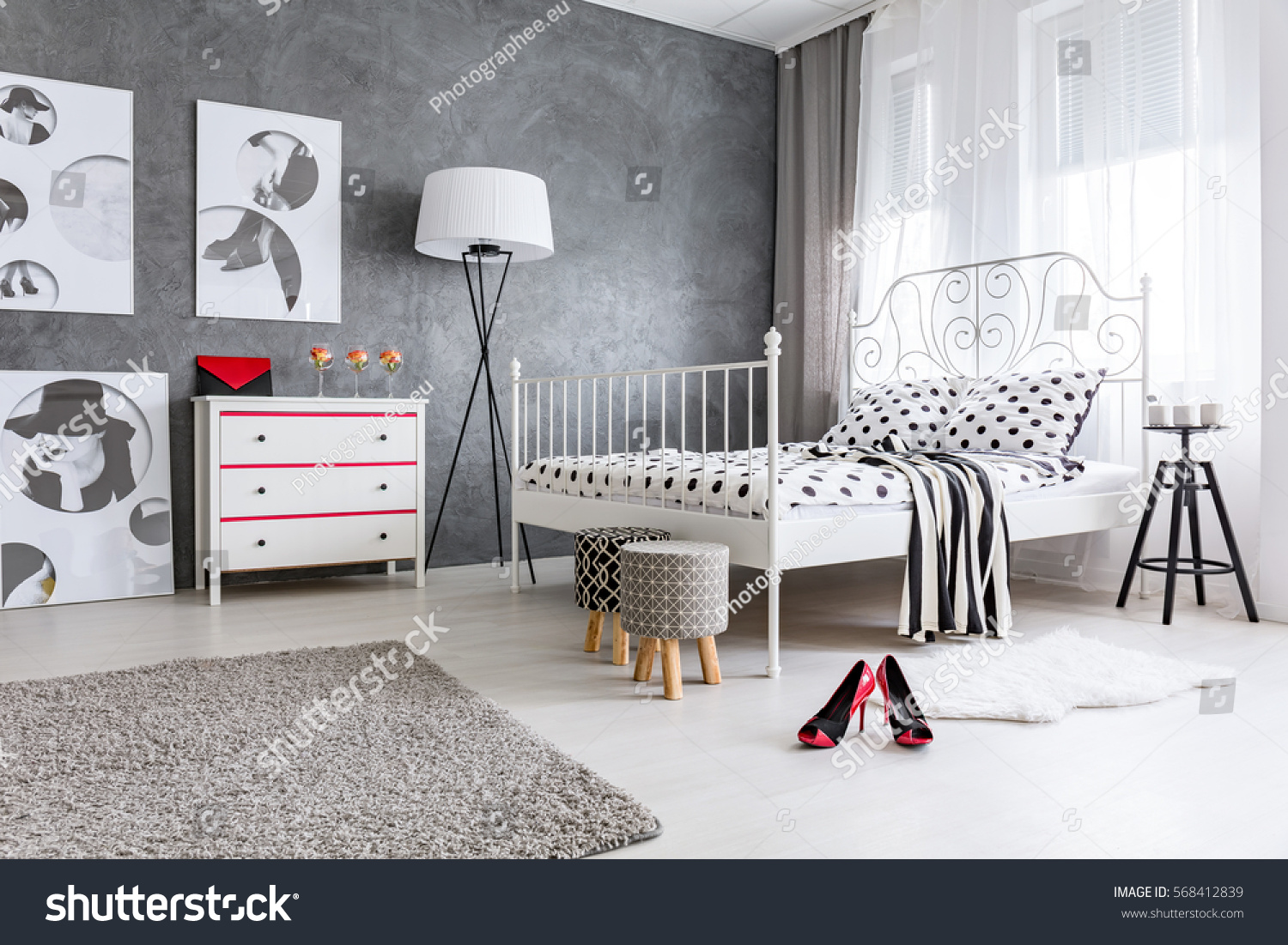 Stylish grey and white bedroom designed for woman #568412839