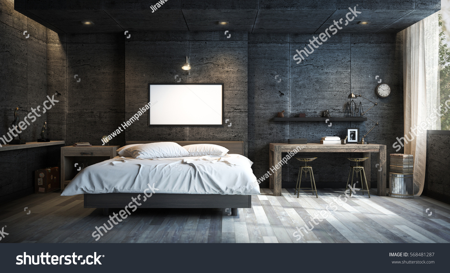 Loft Style Bedroom Interior Design with Mock up Picture Frame. 3D Rendering #568481287
