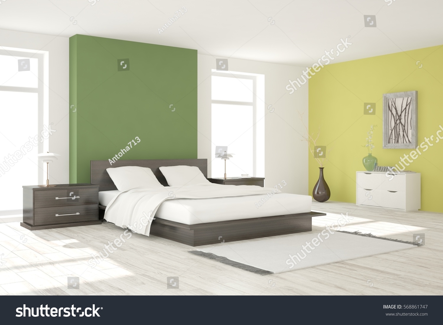 Green bedroom. Scandinavian interior design. 3D illustration #568861747