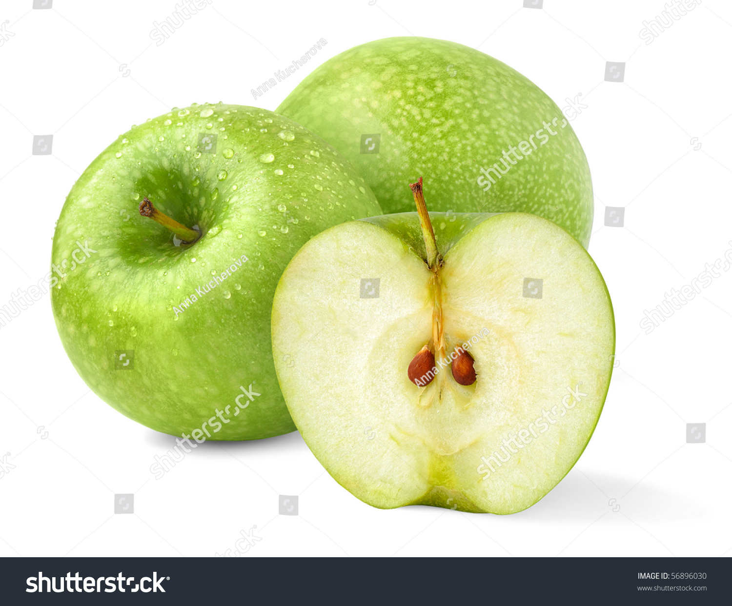 Isolated apples. Three green 'Granny Smith' fruits, one cut in half on white background #56896030