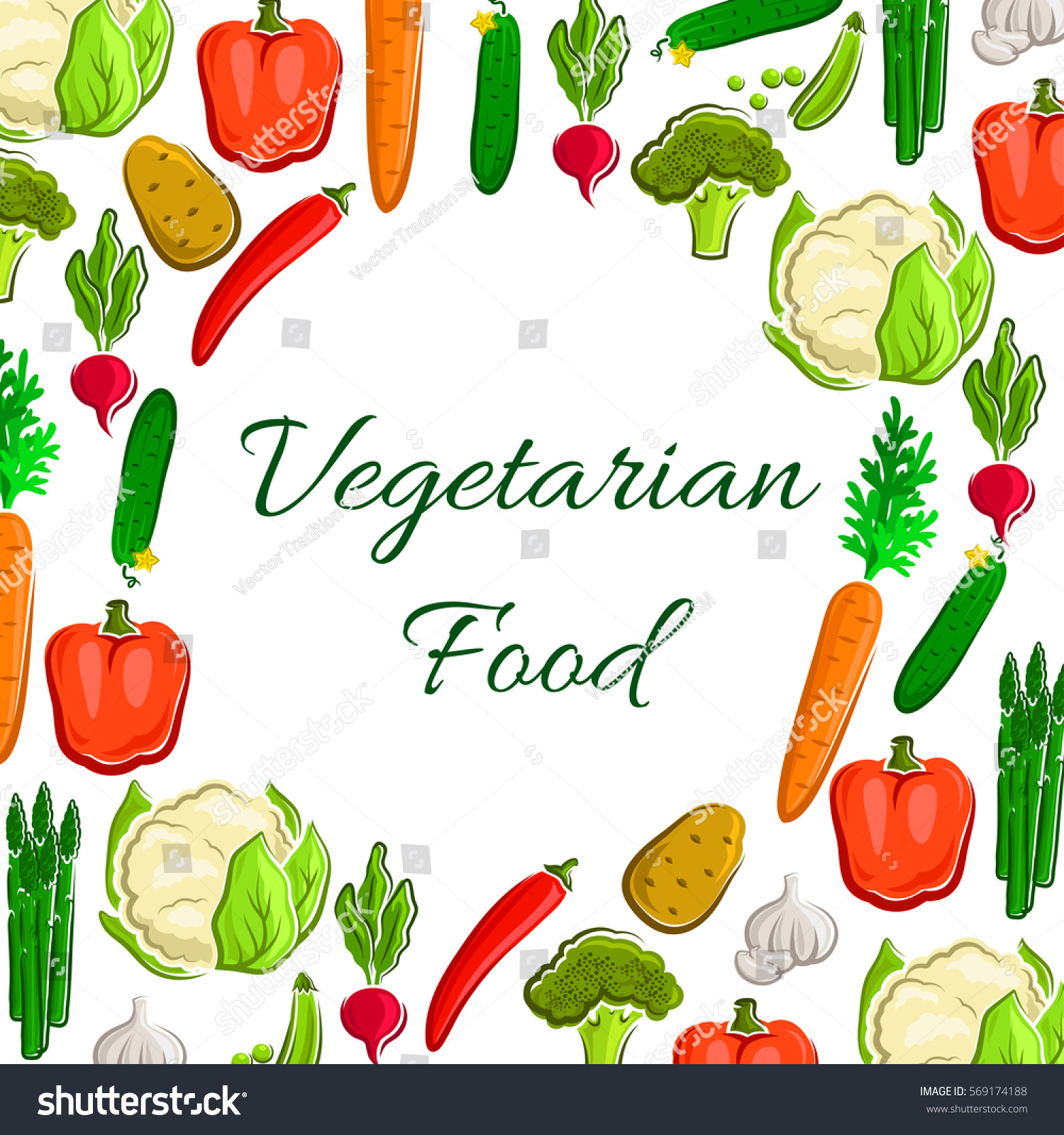 Veggies, greens and vegetables poster. Vegetarian vector cauliflower and broccoli, tomato and potato, asparagus, onion and leek, carrot and cucumber, bell and chili pepper, radish, garlic and pea #569174188