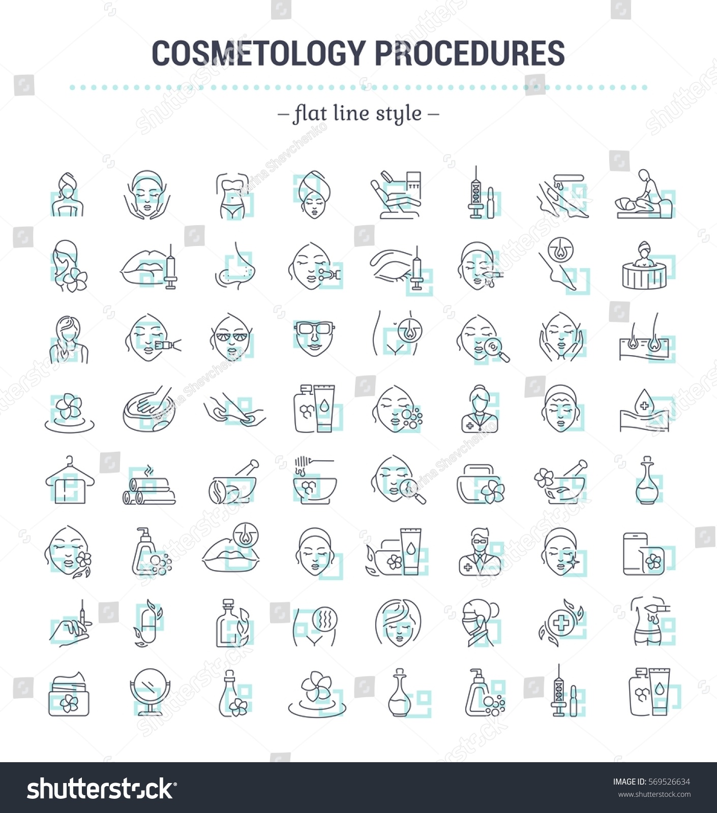 Vector graphic set.Icons in flat, contour,thin and linear design.Cosmetology Clinic. Services, procedures, treatments.Simple isolated icons.Concept illustration for Web site app.Sign,symbol,element. #569526634