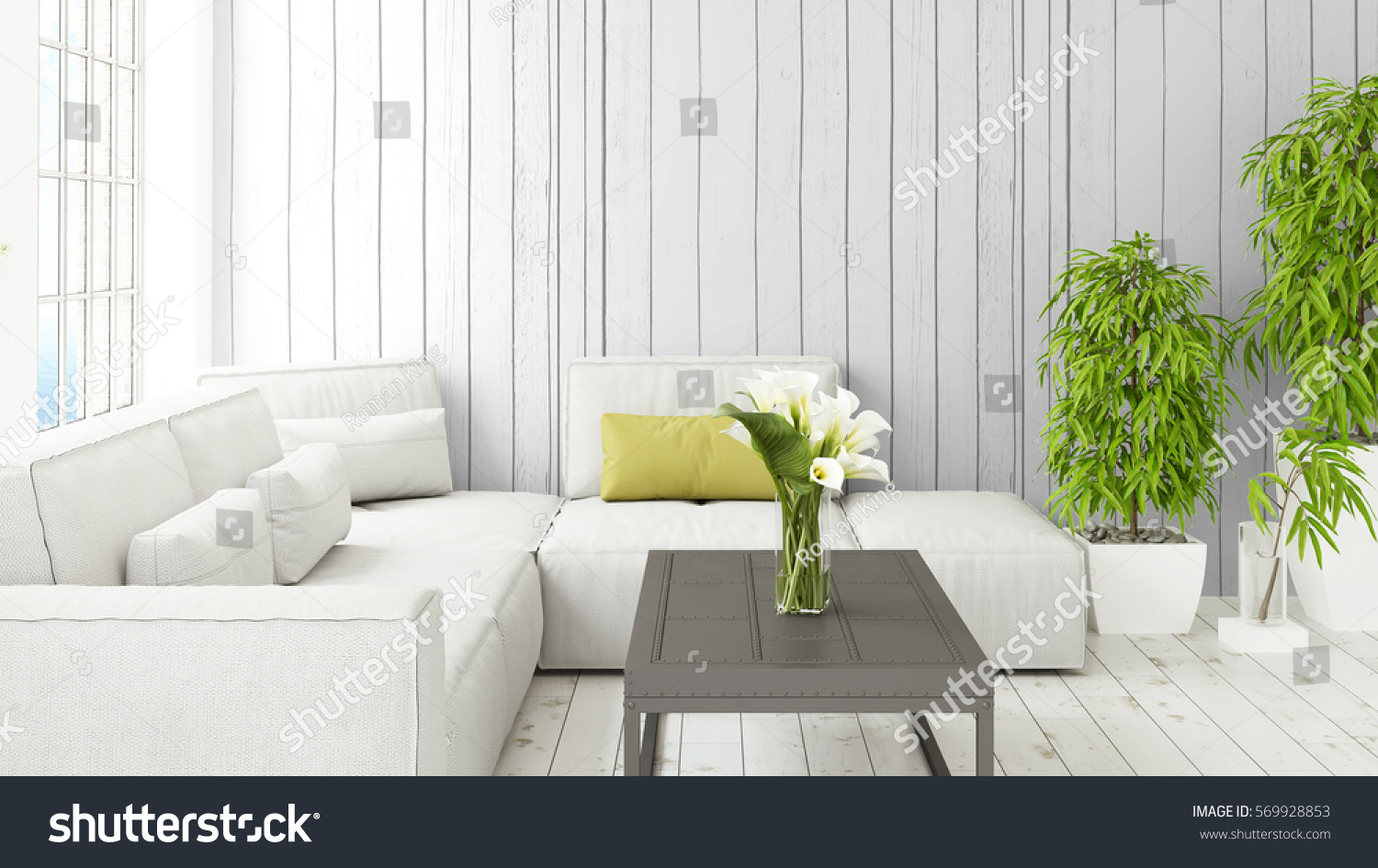 Modern bright interior with large window . 3D rendering #569928853