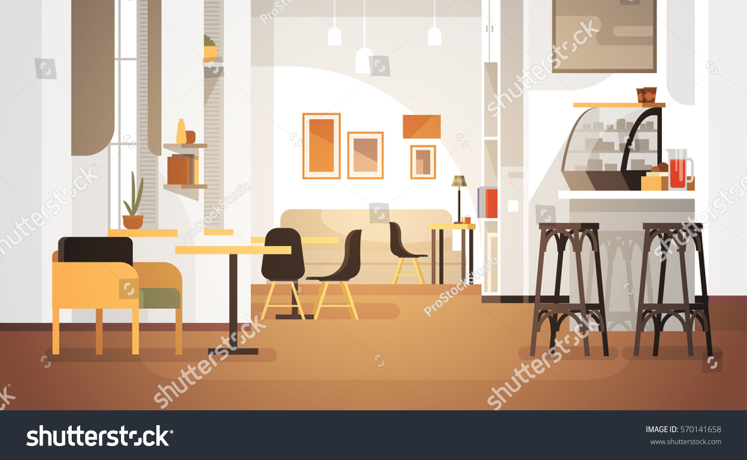 Modern Cafe Interior Empty No People Restaurant Flat Vector Illustration #570141658