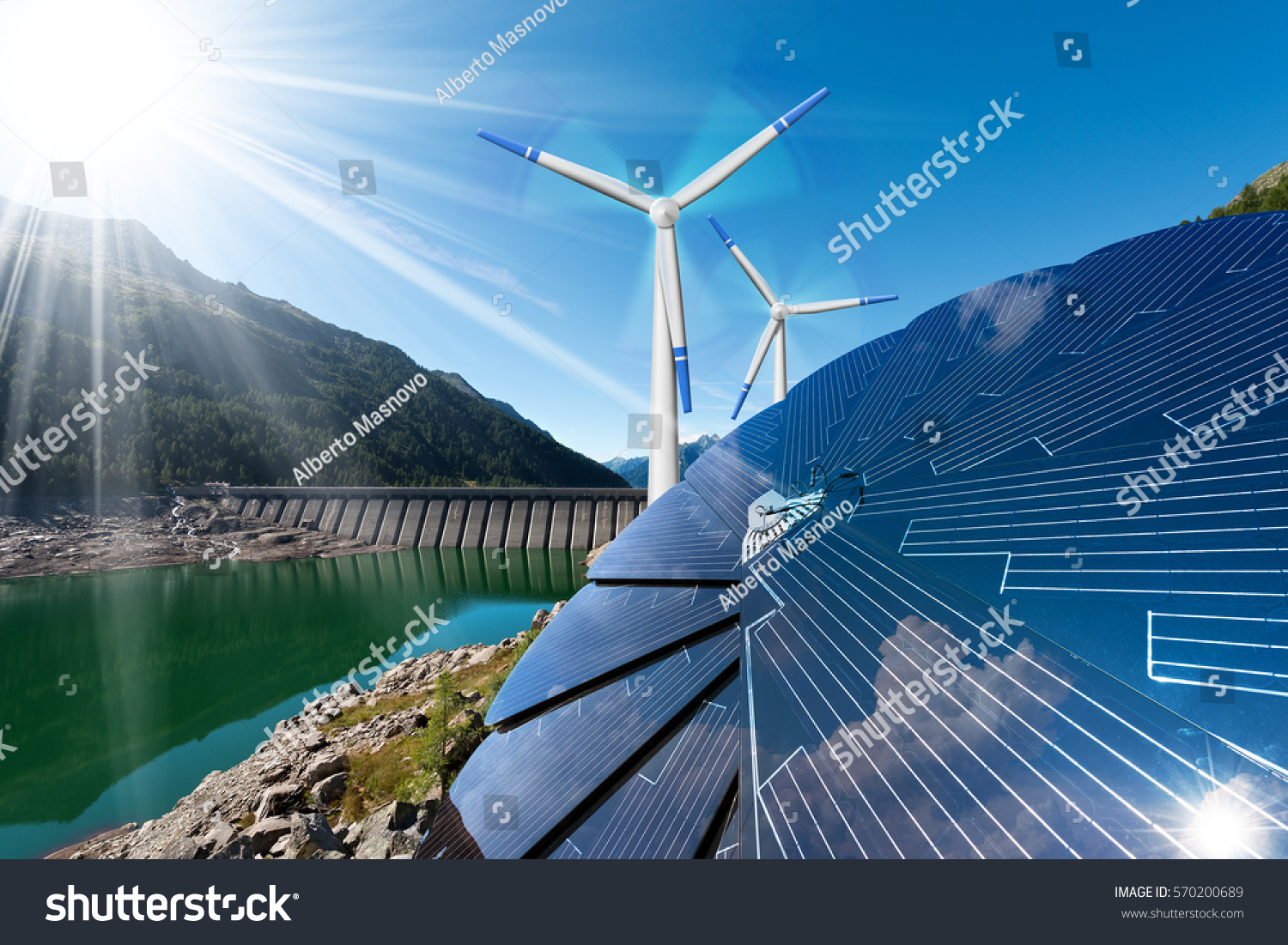 Renewable Energy - Sunlight with solar panel. Wind with wind turbines. Rain with dam for hydropower #570200689