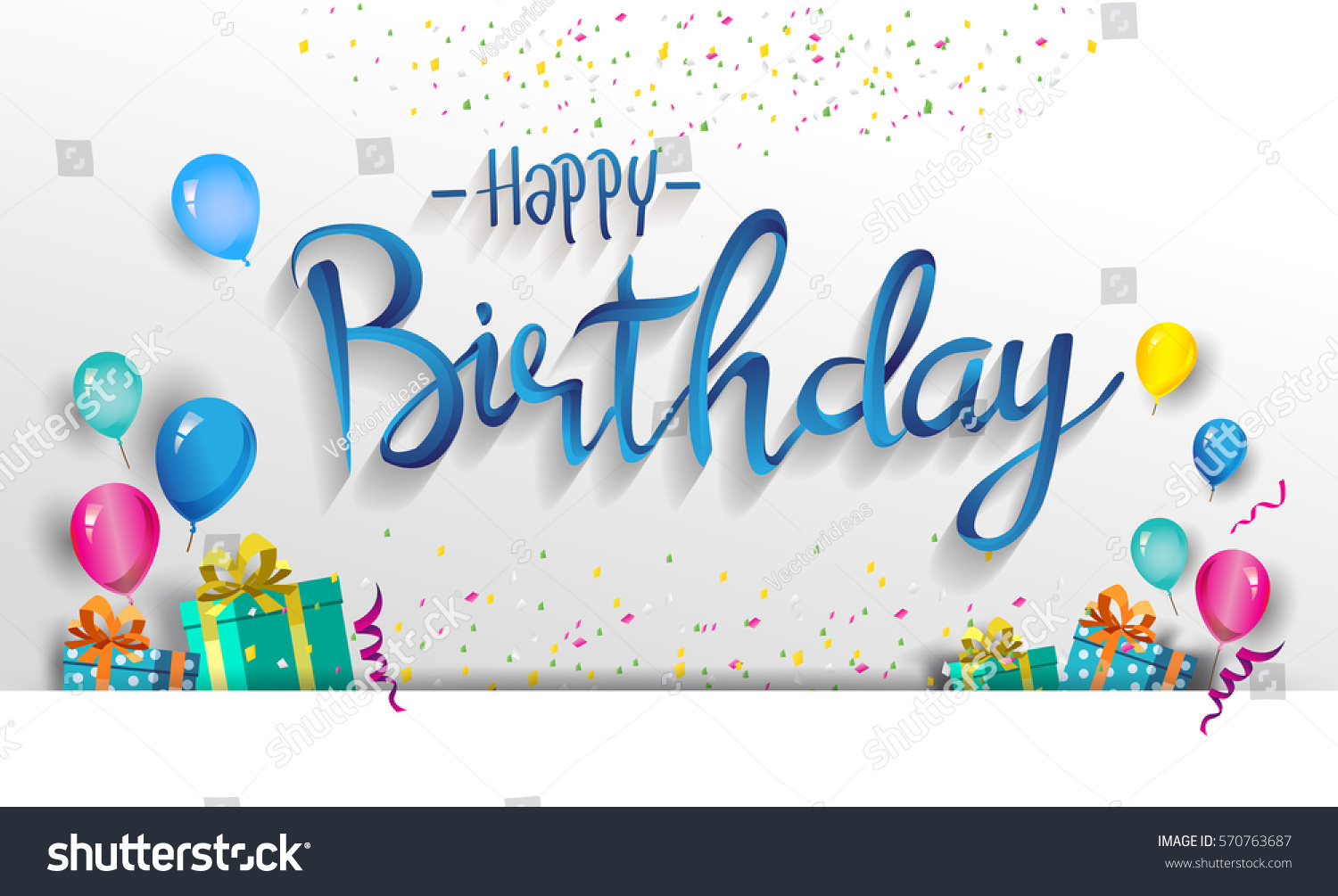 Happy Birthday typography vector design for greeting cards and poster with balloon, confetti and gift box, design template for birthday celebration. #570763687