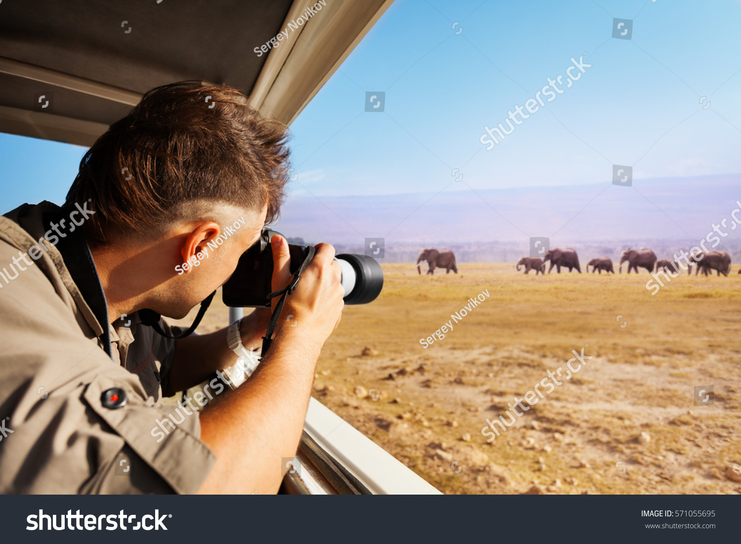 Man taking photo of elephants at African savannah #571055695