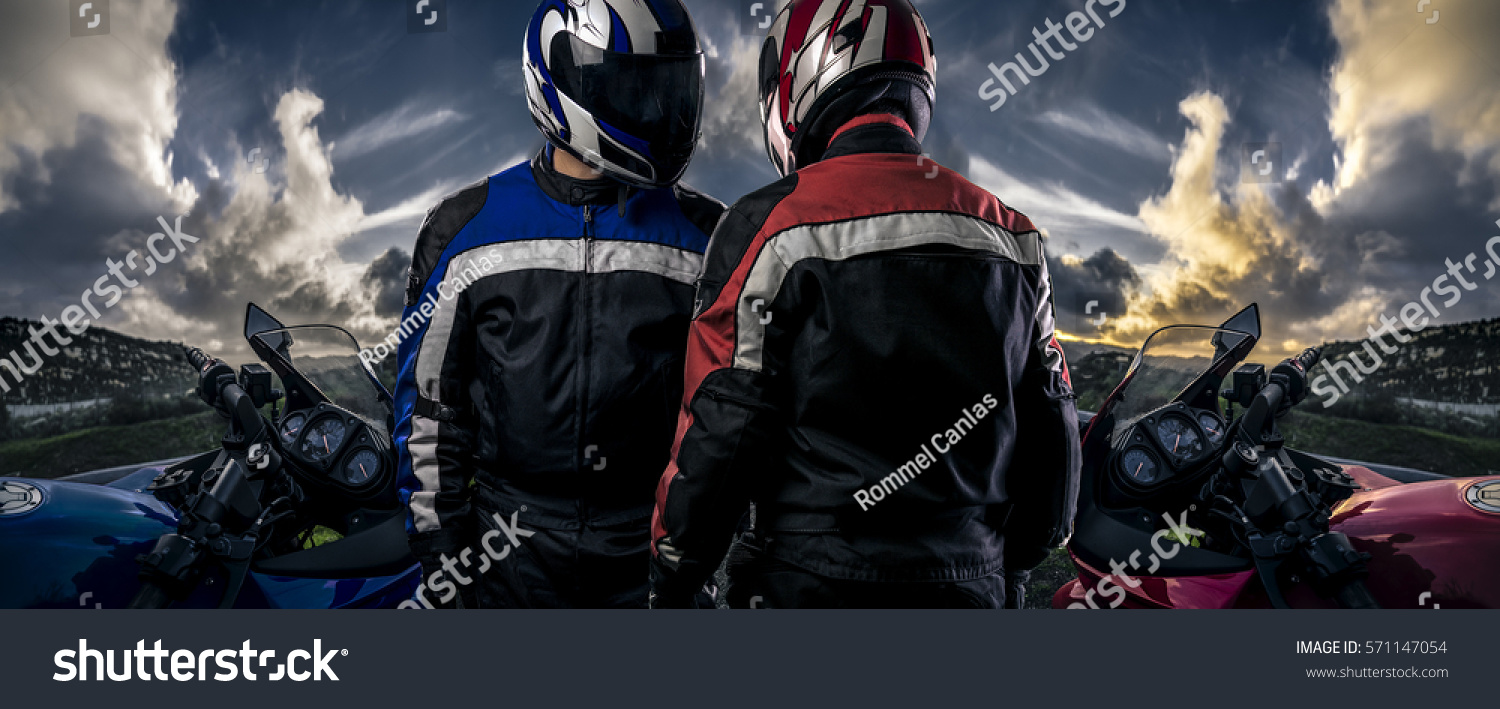 HDR composite of bikers or motorcycle riders with motor bikes on a road.  The men depict a club or are competitors in a race. The image depicts racing and motorsports.   #571147054