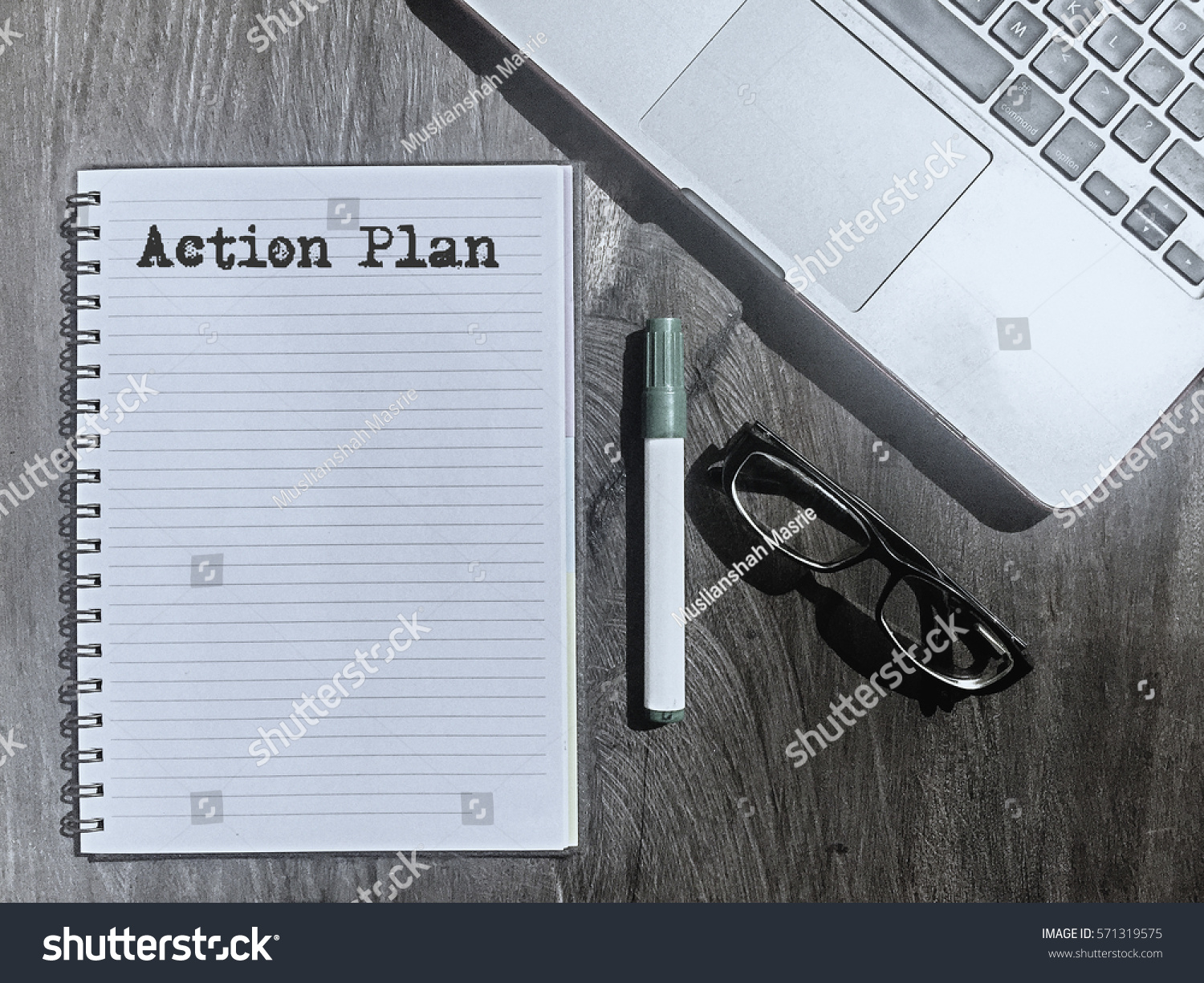 Action Plan, Typed Words On a handbook with note book, marker pen and notebook. Vintage and classic background mood with noise. #571319575