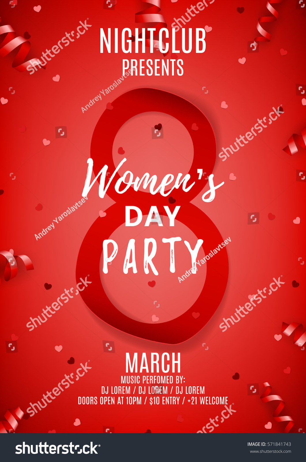 Red poster for Women's Day party. Top view on paper eight, confetti and serpentine. Vector illustration. Invitation to nightclub. #571841743
