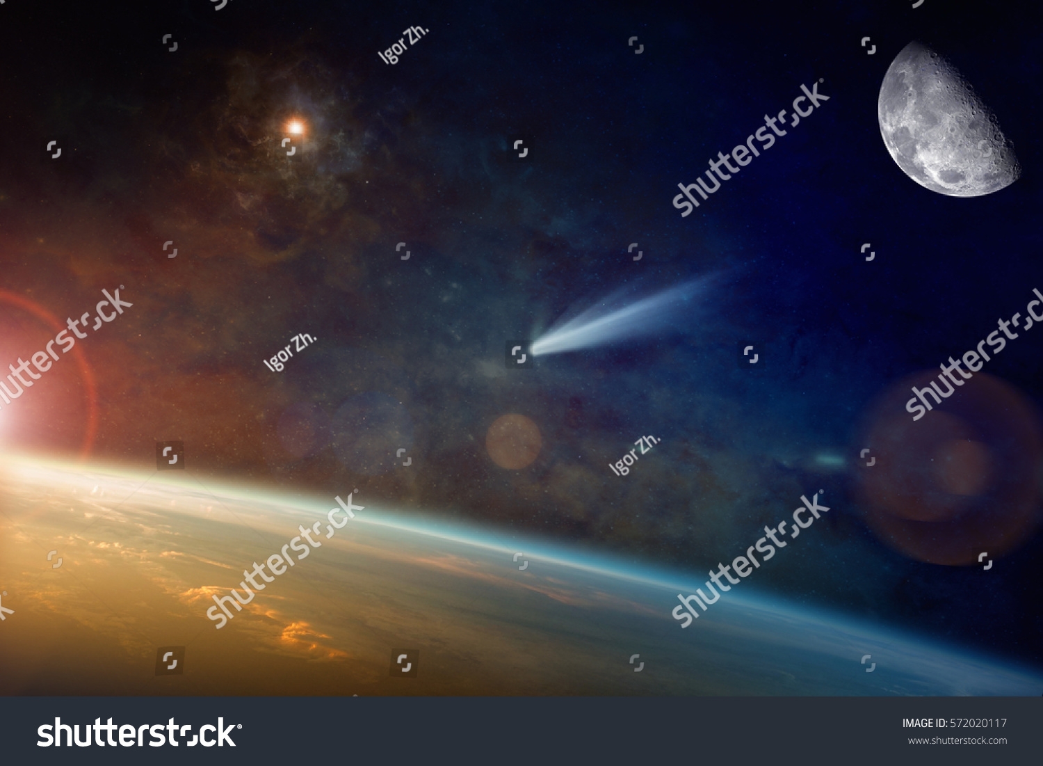 Astronomical scientific background - bright comet approaching to planet Earth in space. Elements of this image furnished by NASA. #572020117