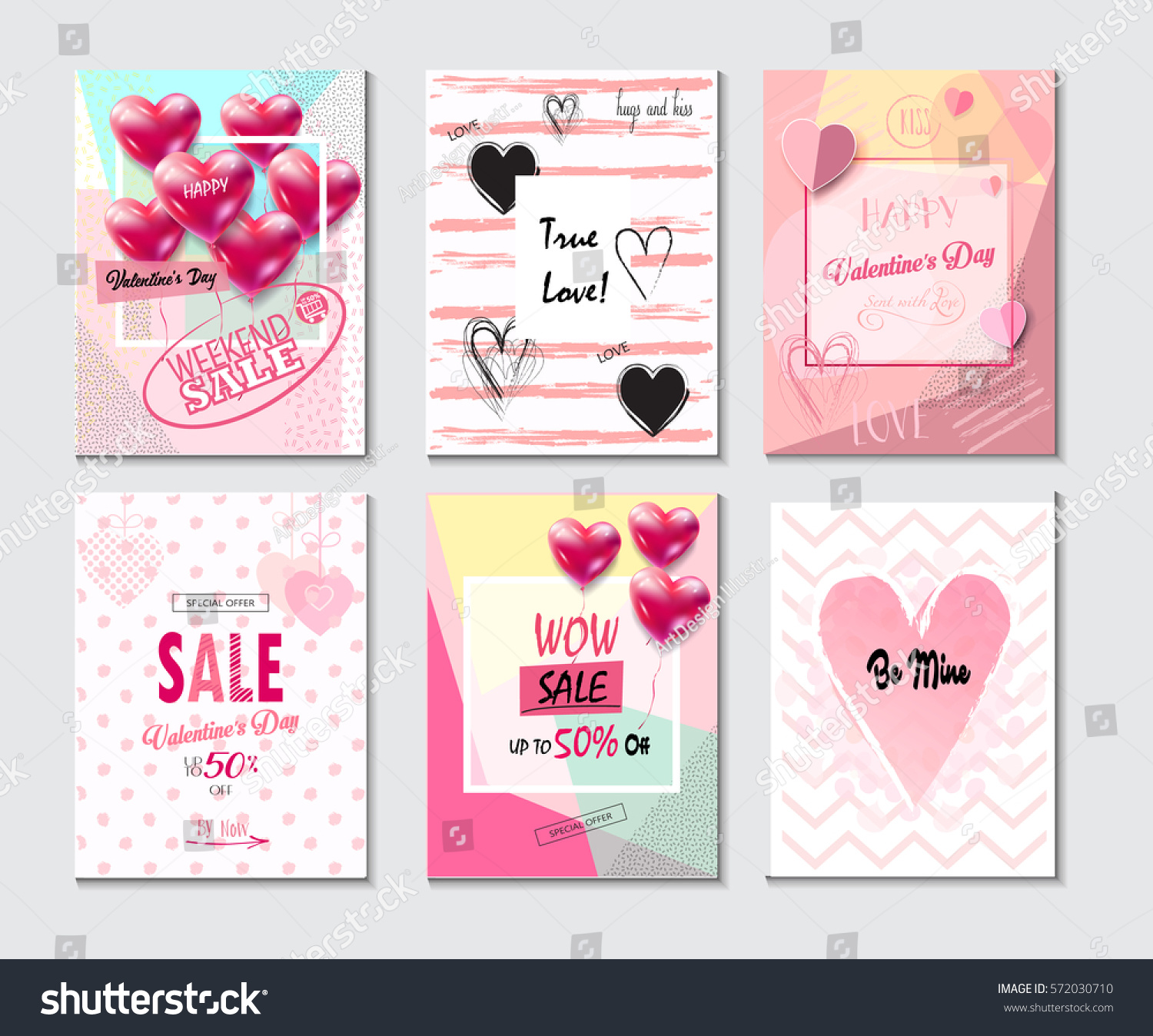 Set of Valentine's day card set, sale web banners flyers templates lettering, hearts balloons Typography poster label, brochure banner design collection. Love, Romance Vector promotion instagram story #572030710
