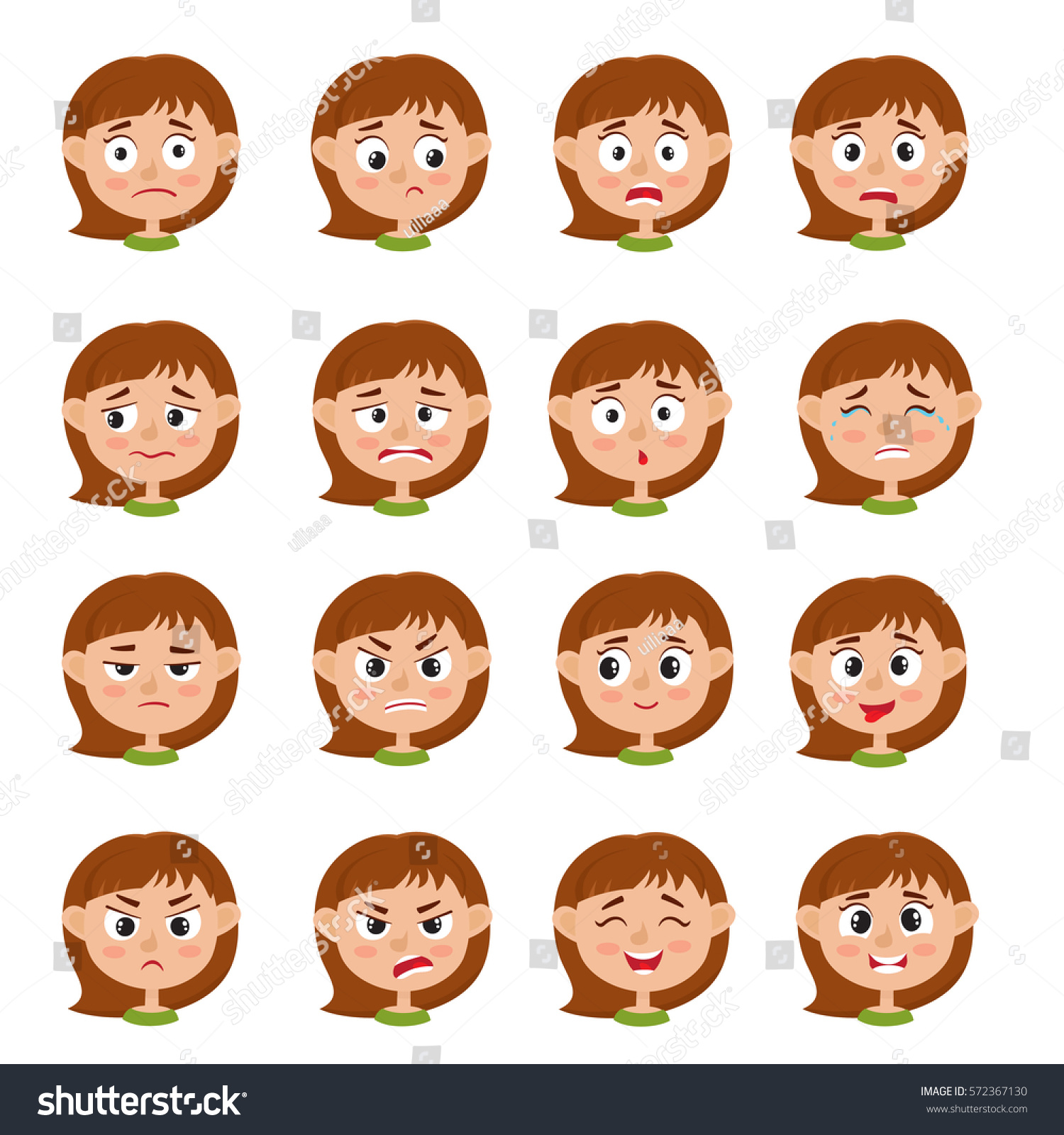 Little Girl Face Expression, Set Of Cartoon Vector Illustrations