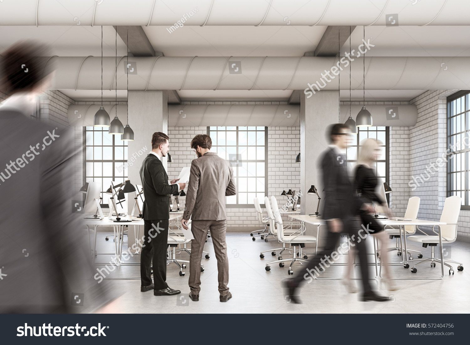 Loft open office with rows of computer tables. People are walking and discussing work. Concept of a busy office life. 3d rendering. Mock up. #572404756