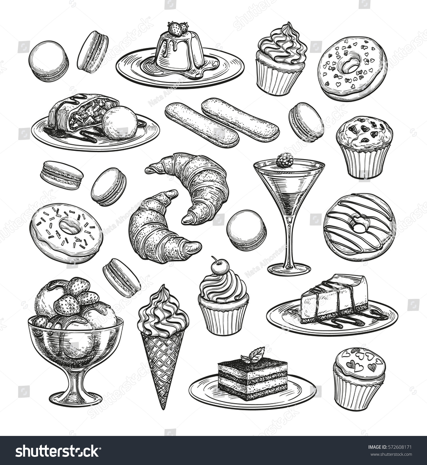Sketch set of dessert. Pastry sweets collection isolated on white background. Hand drawn vector illustration. Retro style.