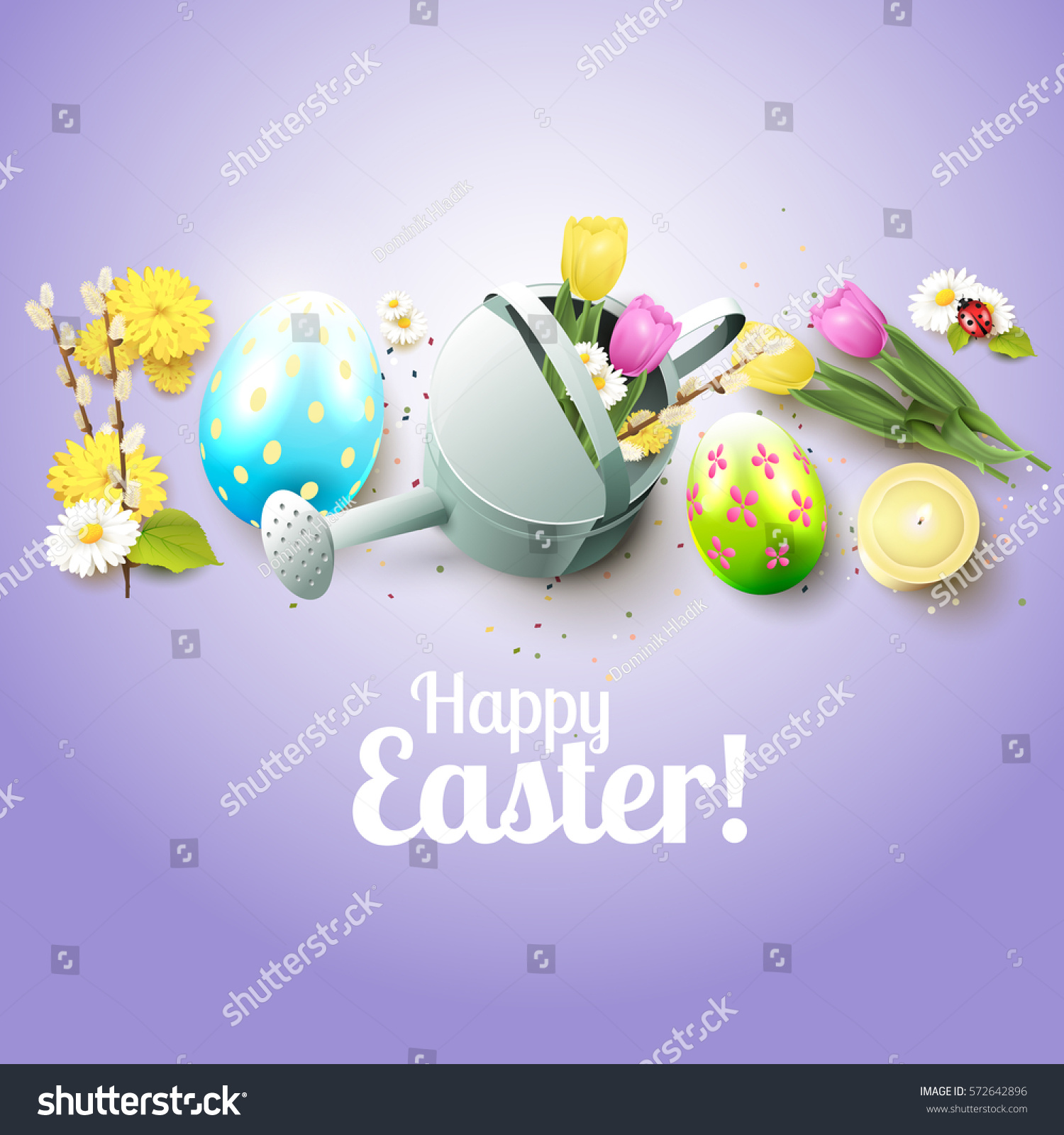 Cute Easter greeting card with flowers, Easter eggs and watering can #572642896