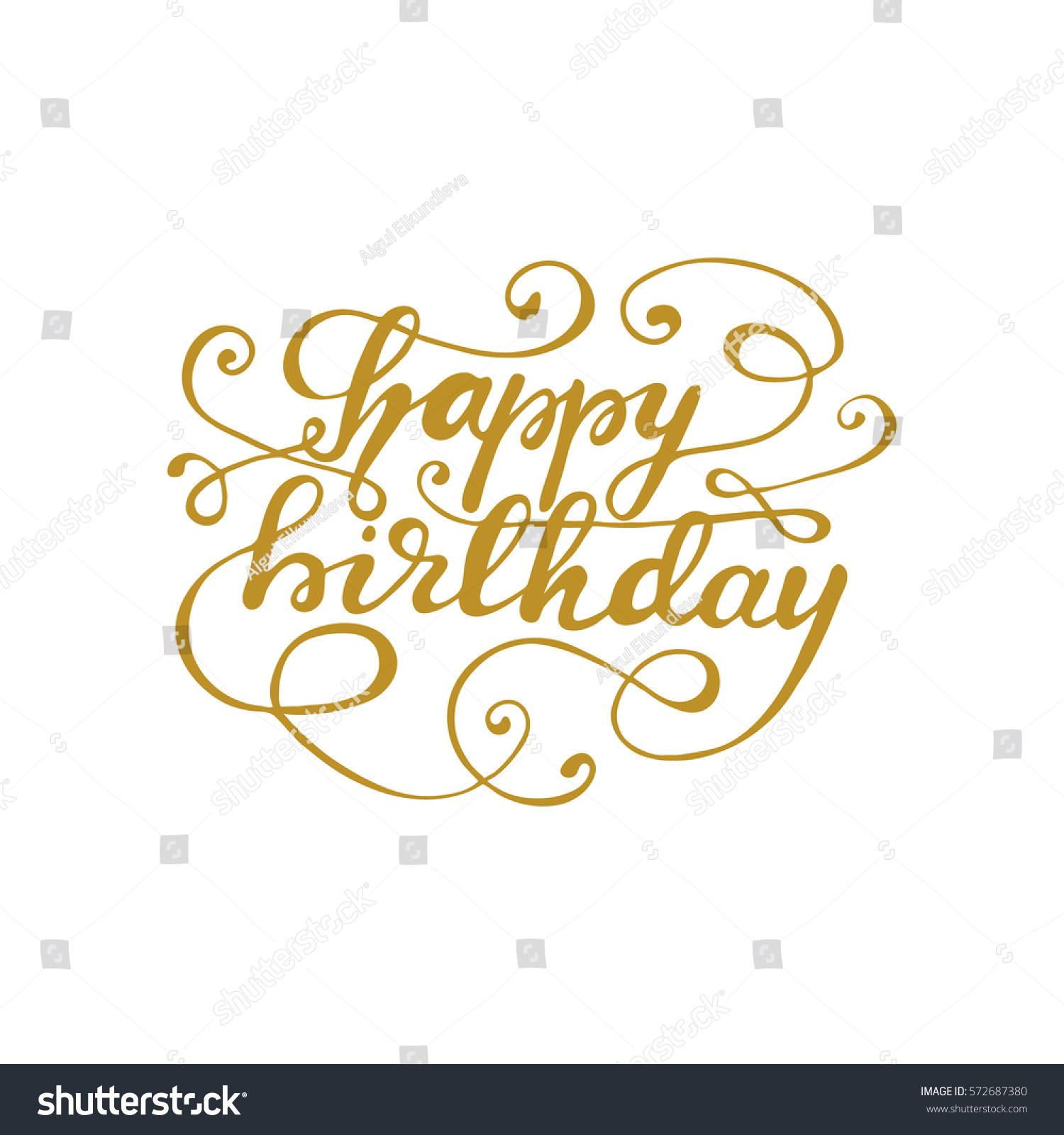 Hand drawn lettering "Happy Birthday" with flourishes in gold color. Vector illustration. #572687380