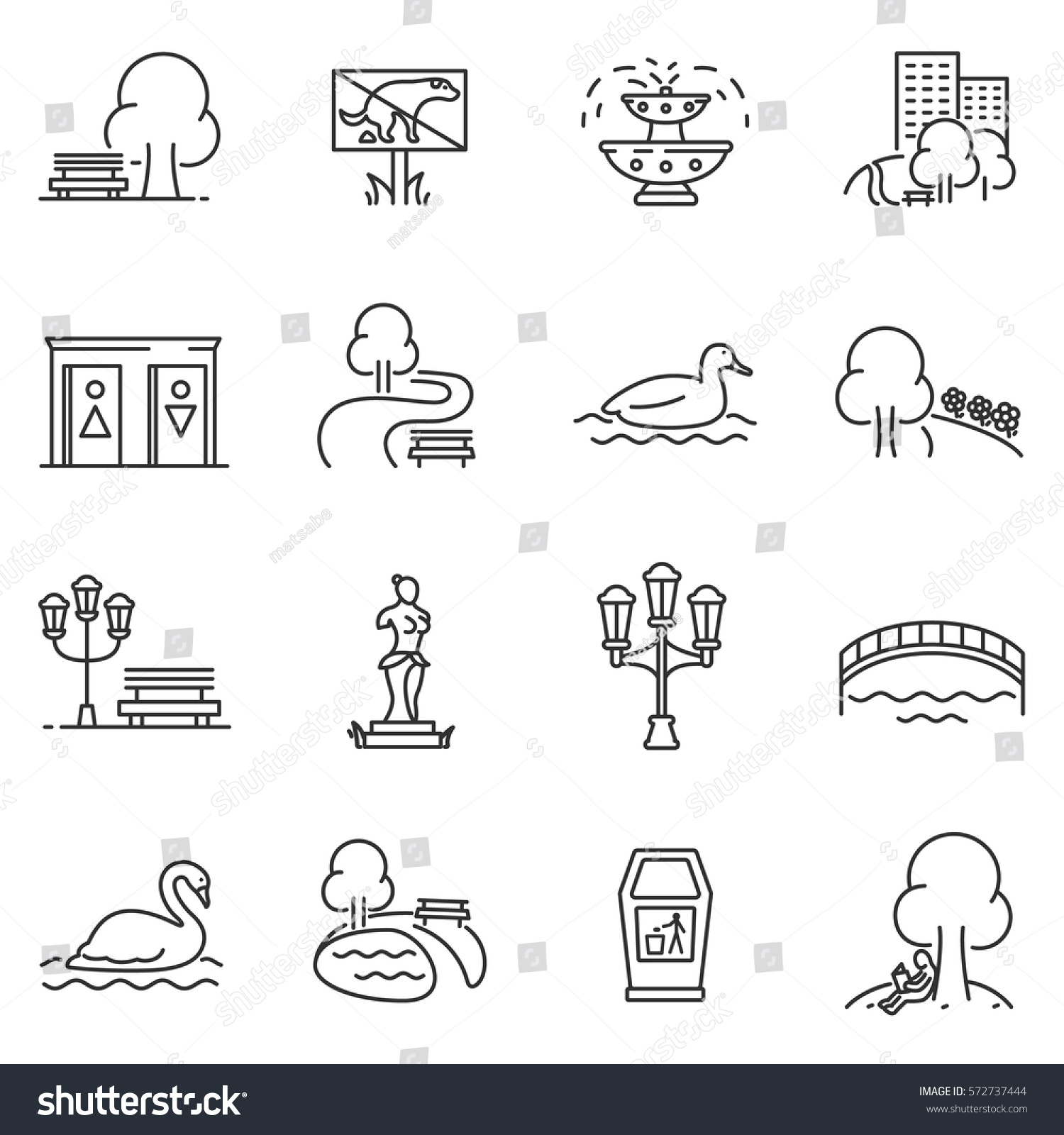 City park icons set. The open plot of land for recreation, thin line design. isolated symbols collection #572737444