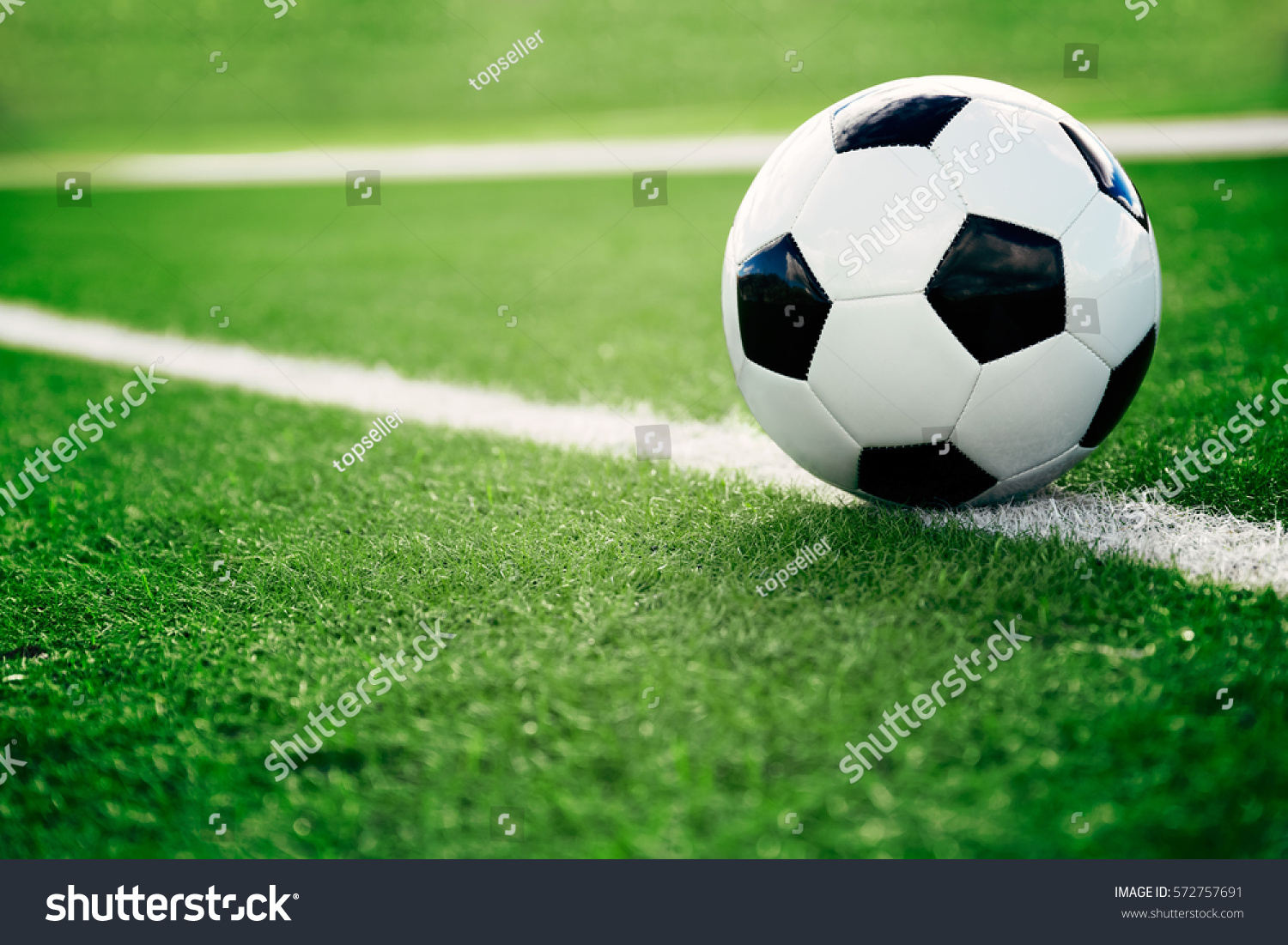 Traditional soccer ball on soccer field #572757691