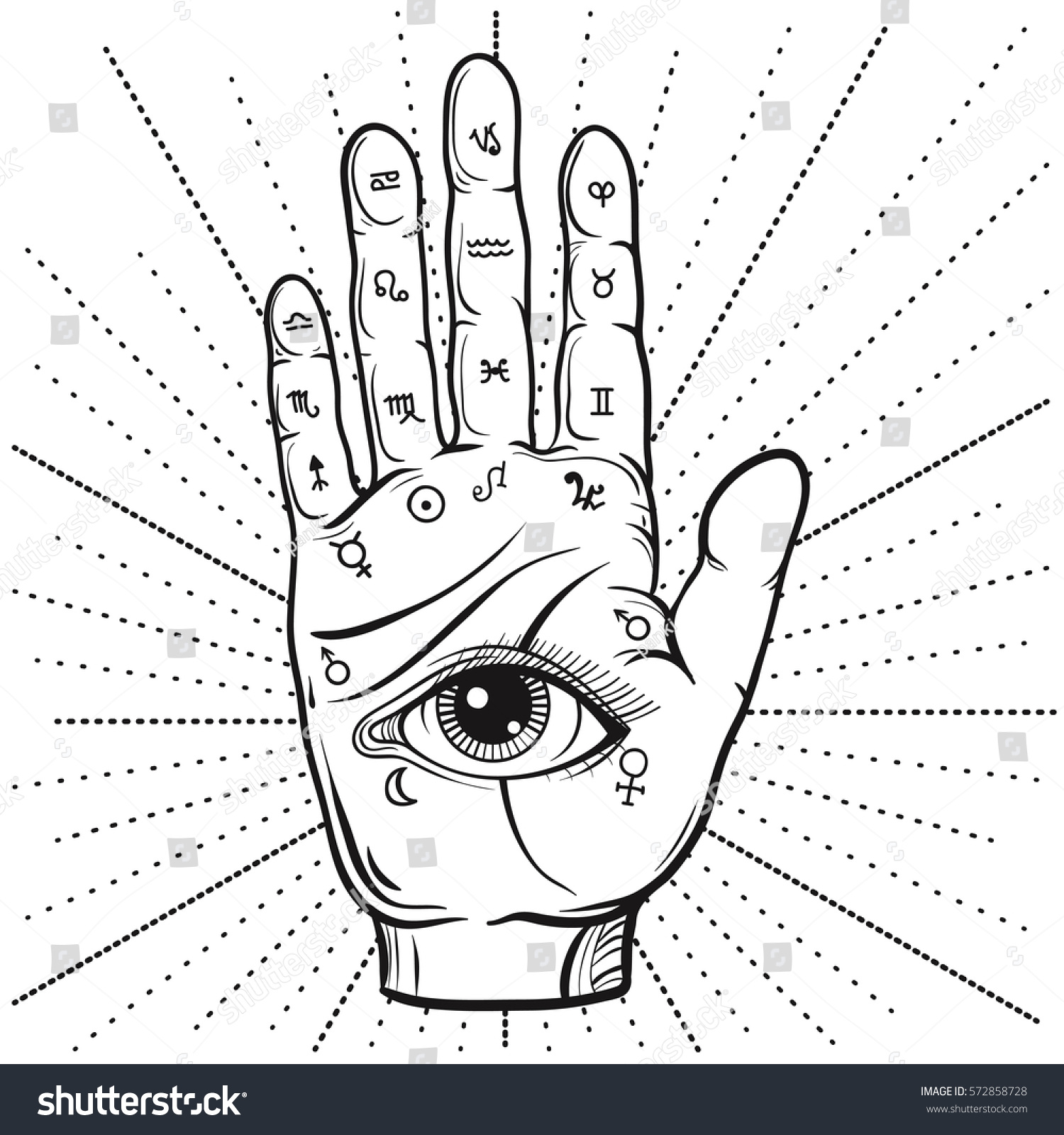 Fortune Teller Hand with Palmistry diagram, hand-drawn all seeing eye. Vector vintage illustration for tattoo template, magic alchemy spirituality zodiac symbol. #572858728