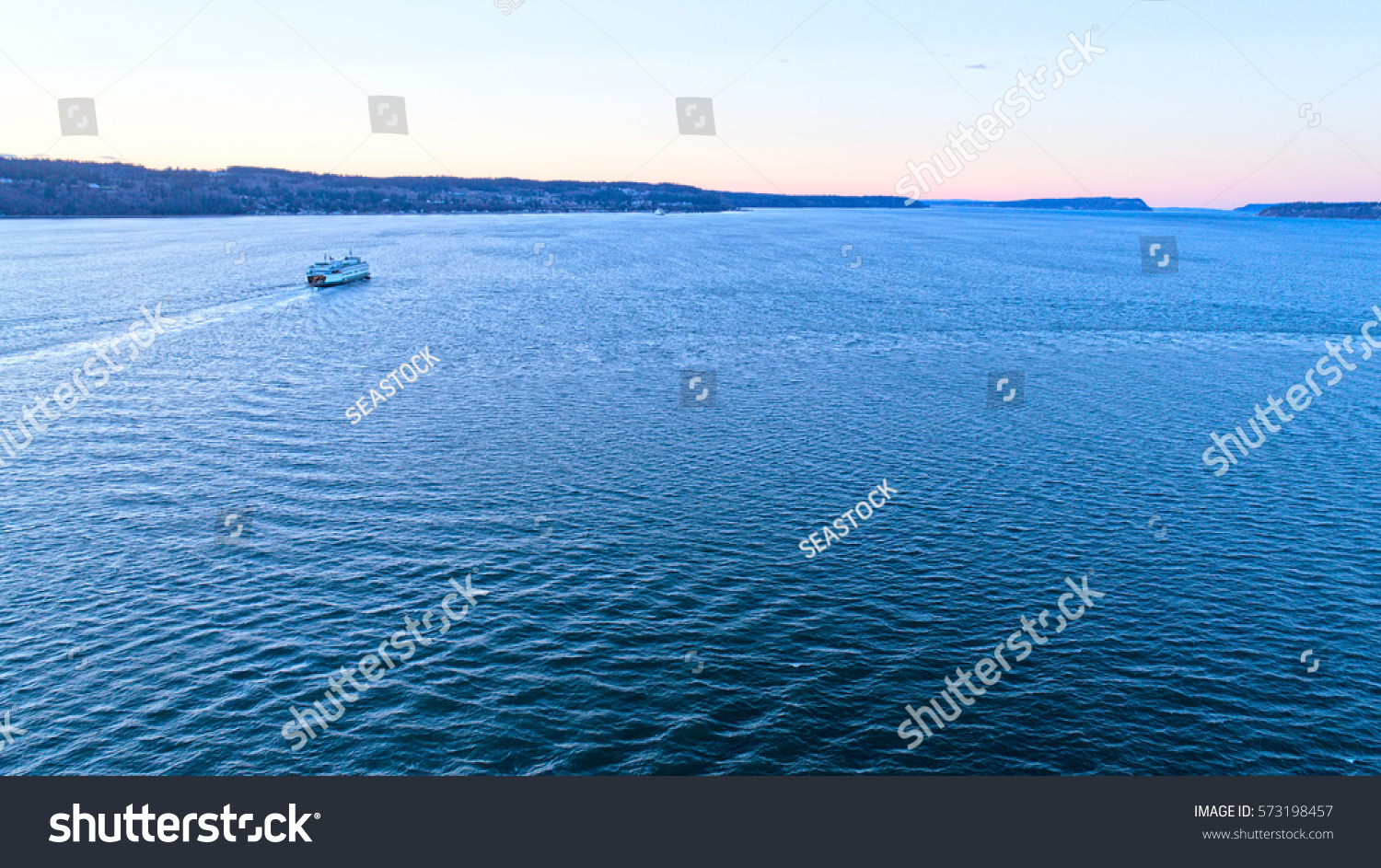 Washington State Ferry Boat in Puget Sound Sunset Mukilteo Whidbey Island #573198457
