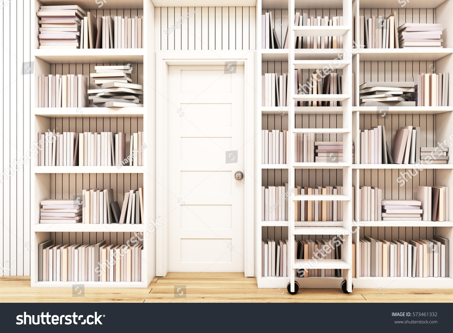 Home library interior with bookshelves by the sides of a door and a ladder to gain access to the books on high shelves. 3d rendering.  #573461332