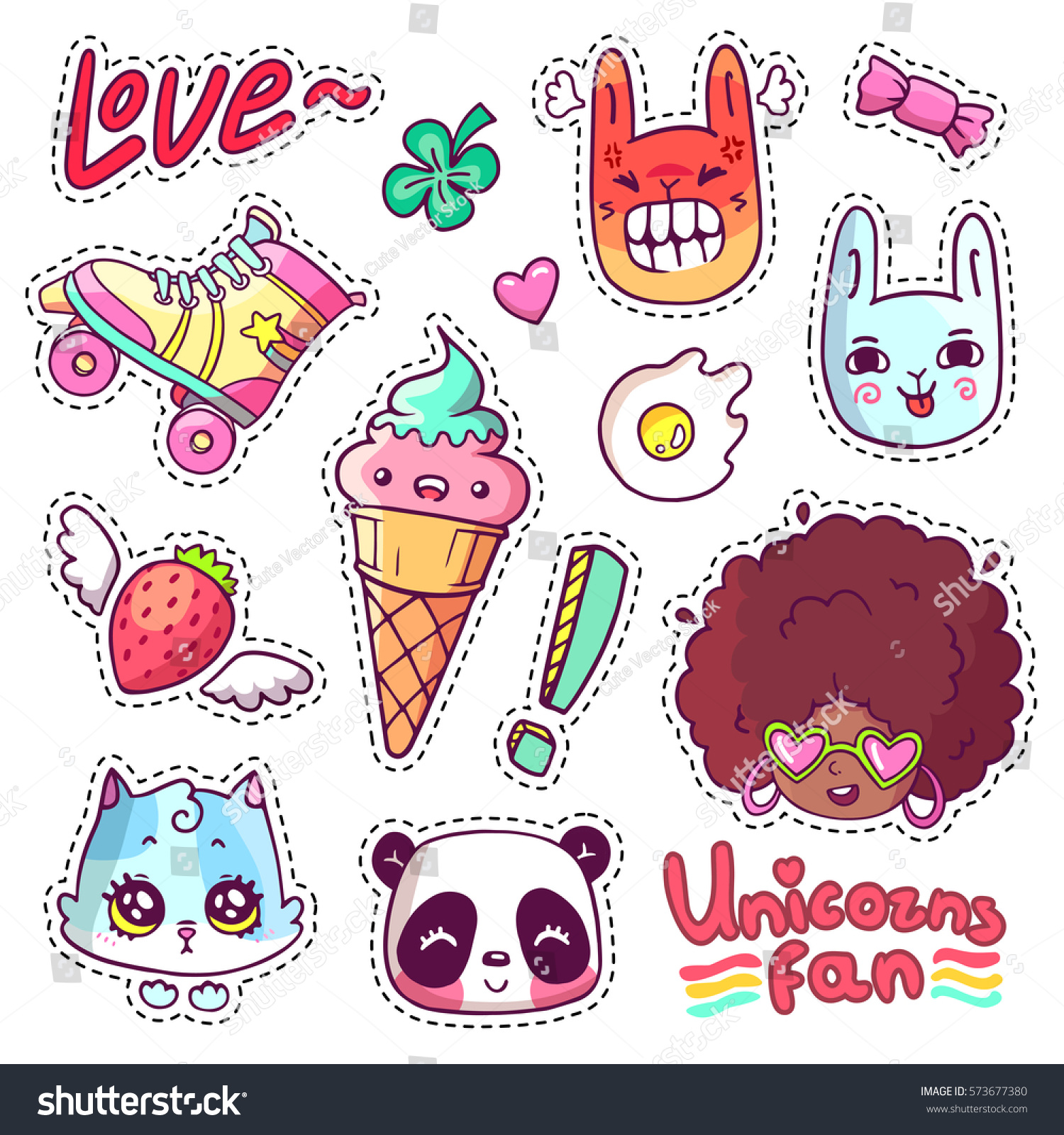 Colorful vector patch badges with animals, characters and things. Hand-drawn stickers, pins in cartoon 80s-90s comics style. Set with african woman, angry bunny, adorable kitten, etc. Part 13 #573677380