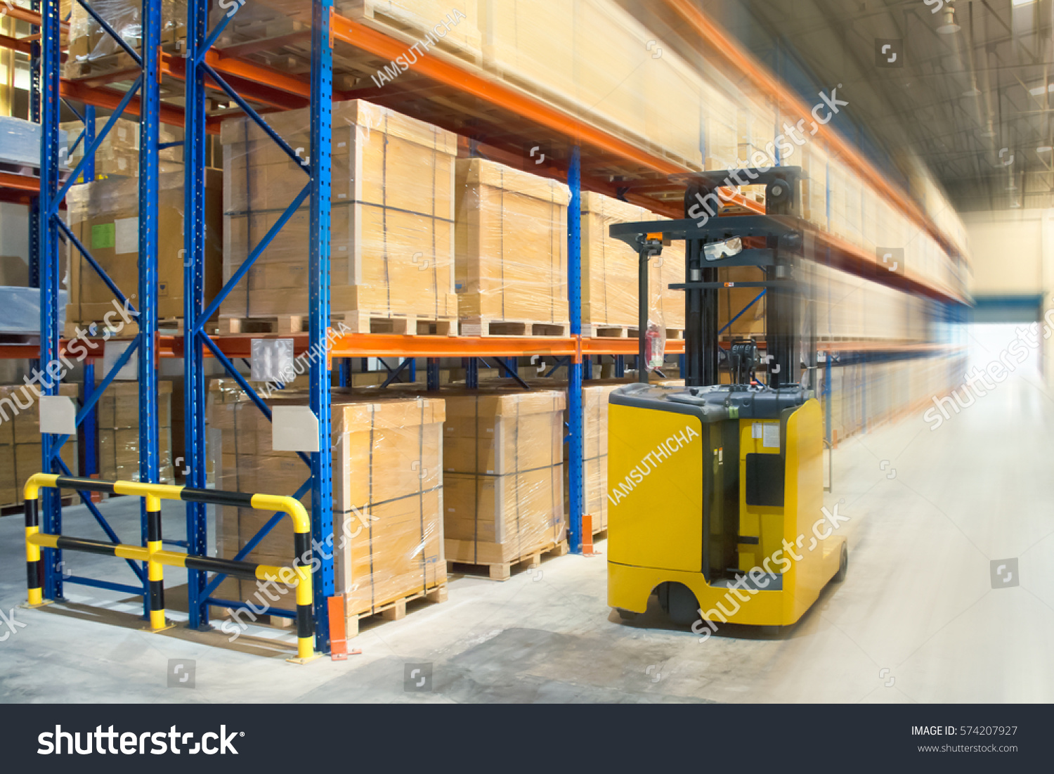 A yellow forklift at warehouse. #574207927